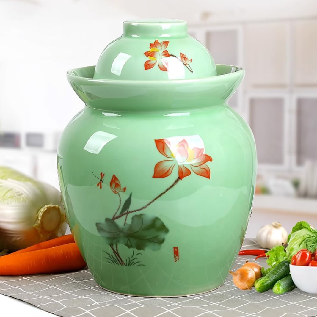 Duży ceramiczny słoik na marynaty z pokrywkami, zielony tradycyjny chiński porcelanowy słoik do marynowania, ceramiczny garnek fermentacyjny z uszczelką wodną pokrywką śluzy powietrznej, garnek z