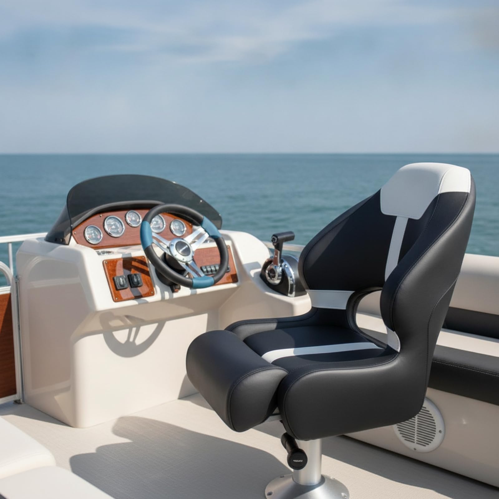 Sedile Timoniere Barca Sedile Timone Poltrona Nautica Sedia Guida Schienale Alto Pieghevole in PVC Marino Traspirante con Supporto Anteriore
