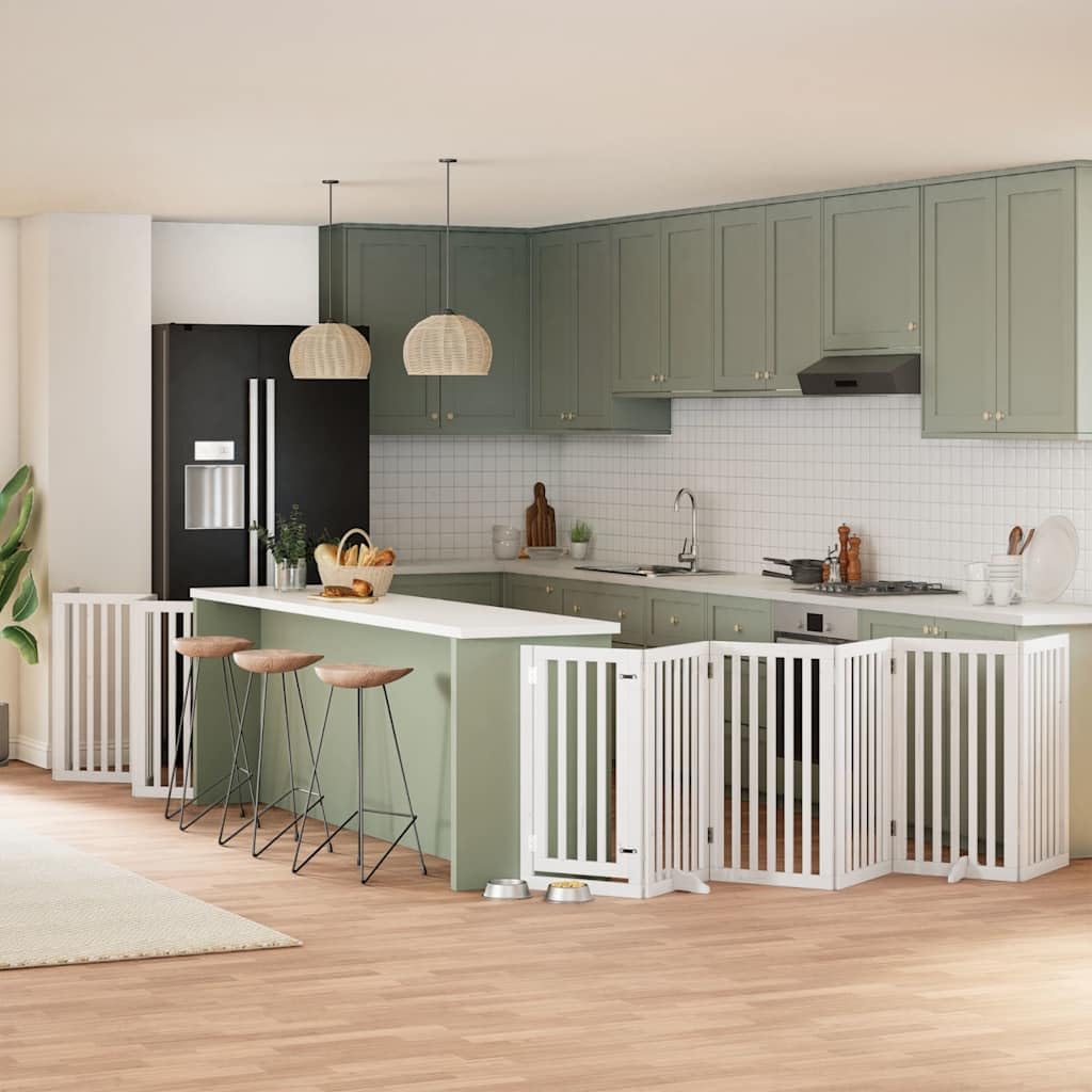 12-TLG. Puerta plegable para perros con puerta, color blanco, 600 cm, madera de álamo, independiente, plegable, protección de seguridad para perros y cachorros, interior y exterior, jardín