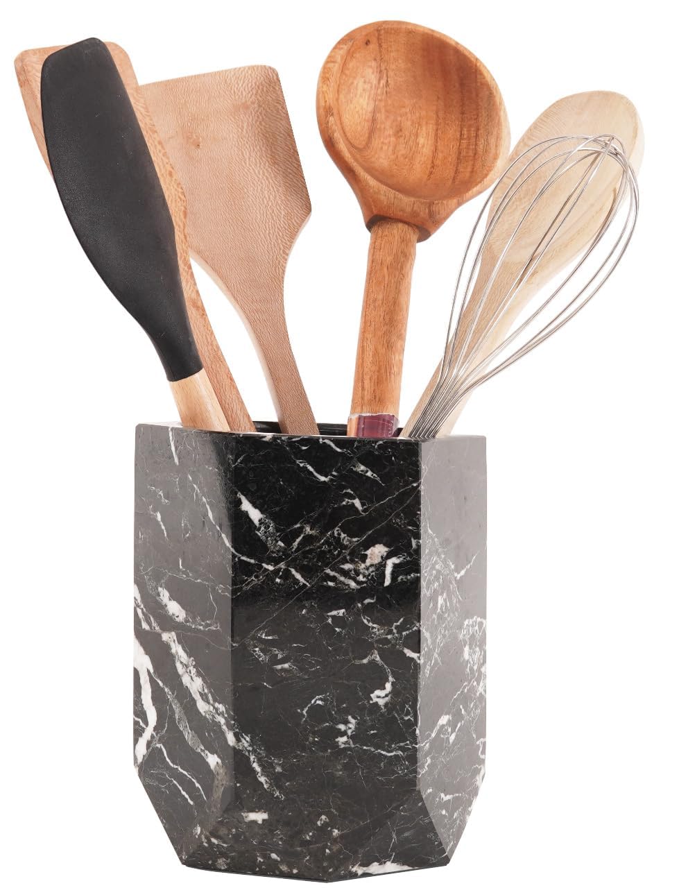 Radicaln Soporte para utensilios de mármol de 6.5 pulgadas, juego de espátulas negras para encimera de cocina, tarro de utensilios de cocina ideal y organizador de artículos esenciales de cocina