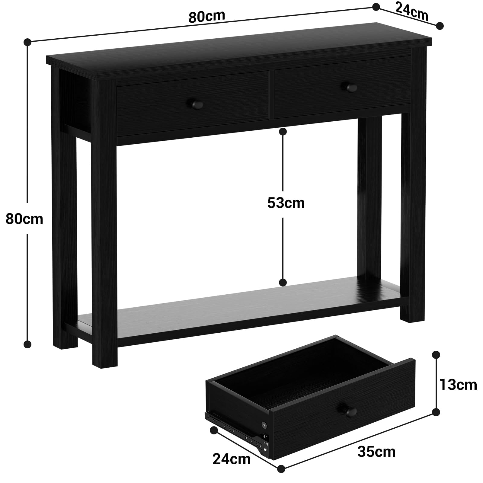 iSunirm Table console de style ferme en bois avec 2 tiroirs, table de 80 cm de large avec compartiment de rangement pour salon, derrière le canapé, table d'entrée pour couloir, salon ou entrée, Noir