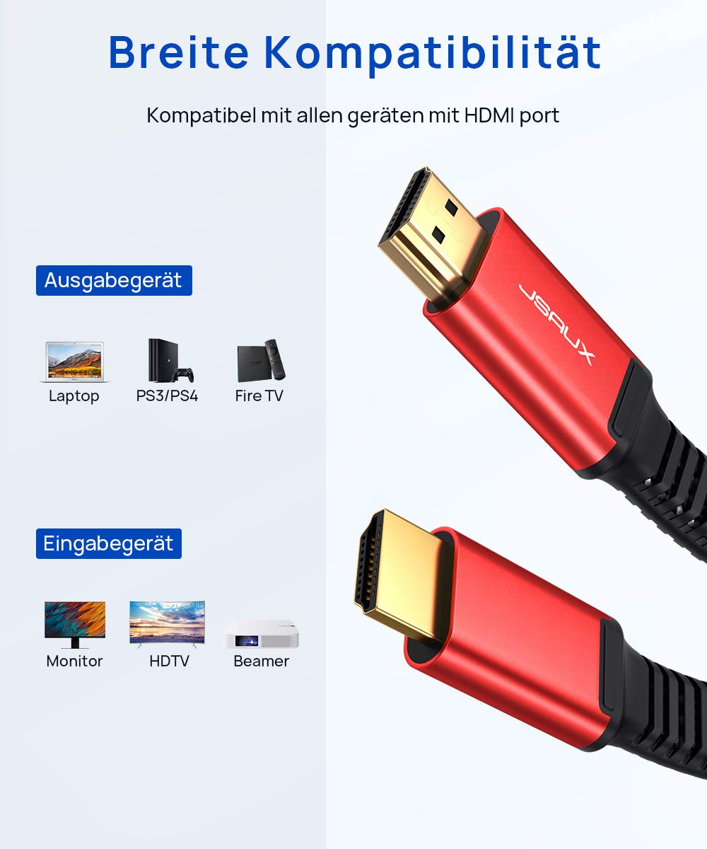 JSAUX Kabel HDMI 4K, 3 metry, płaski przewód HDMI 2.0 pleciony nylonowy uchwyt 4K@60 Hz 3D HDR UHD 2160p 1080p Ethernet ARC - Kabel HDMI do odtwarzacza Blu-Ray/ PS3/ PS4/ Netfix/Fire TV/Ekran