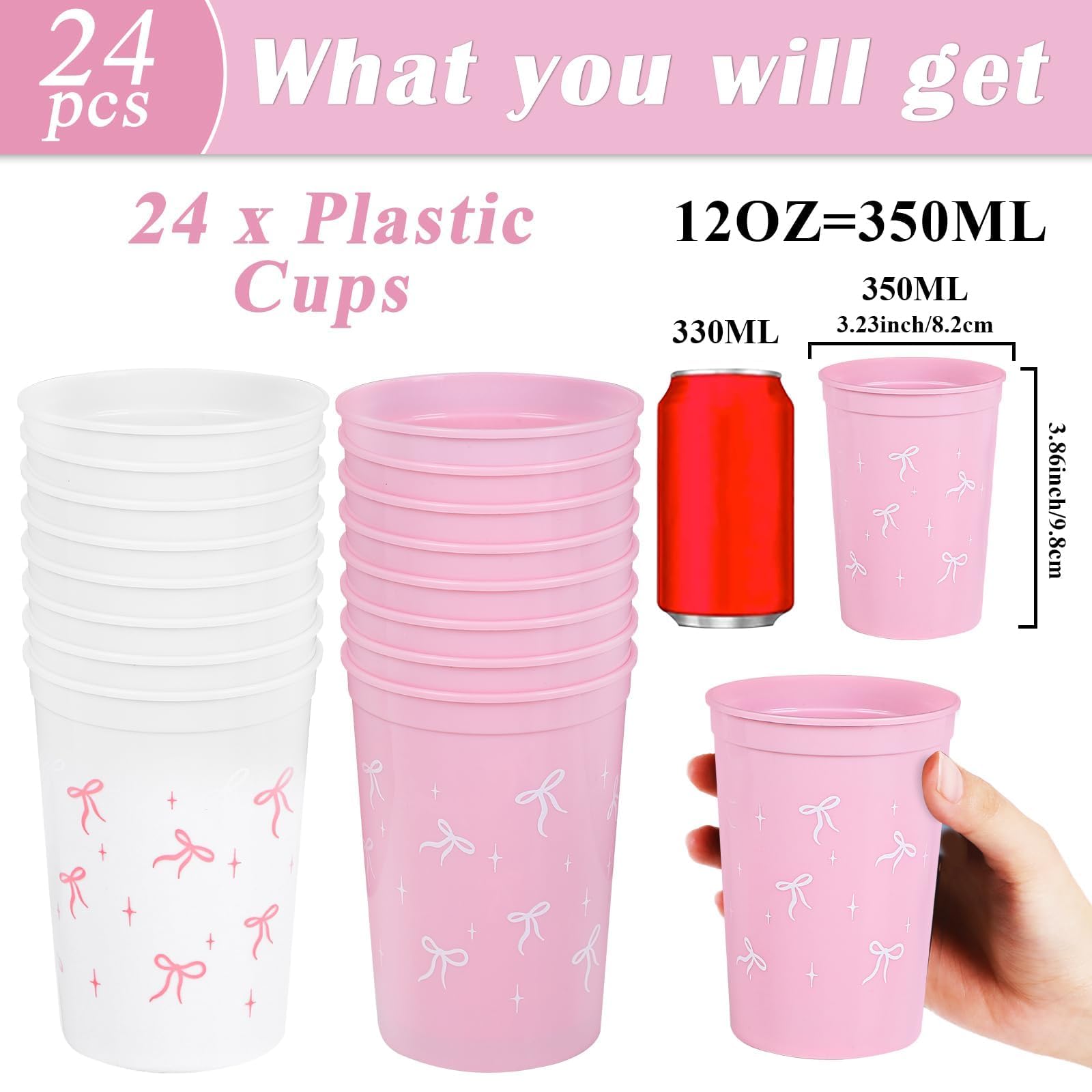 24Pcs Pink Bow Coquette Plastic Cups Pink Bow Themed Birthday Party Decorations 12 Oz Reusable Pink Bow Party Disposable Cups for Girl Bachelorette Wedding Bridal Baby Shower Party Favor Supplies
