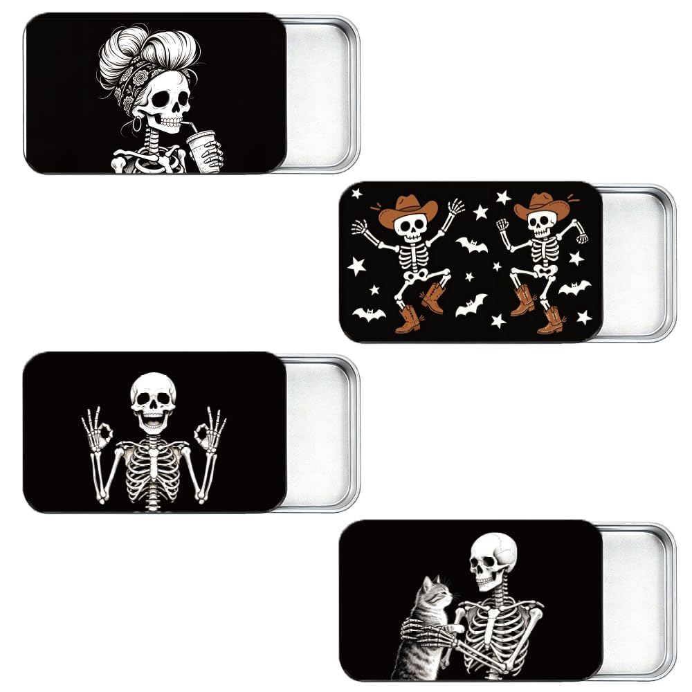 Pack de 4 estuches de viaje con hilo dental con diseño de calavera, pequeñas latas de metal para trabajo y camping