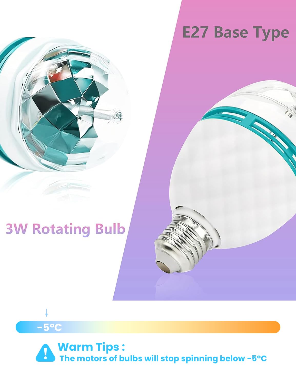 IAGBIBUI Disco Ball Light Bulb, 3w E27 RGB Color Rotating Bulb Led Party Bulbs, Magic Ball Light for for Disco, Holiday, Birthday, Club, Halloween, Christmas, Bar, Indoor & Outdoor(2 Pack)