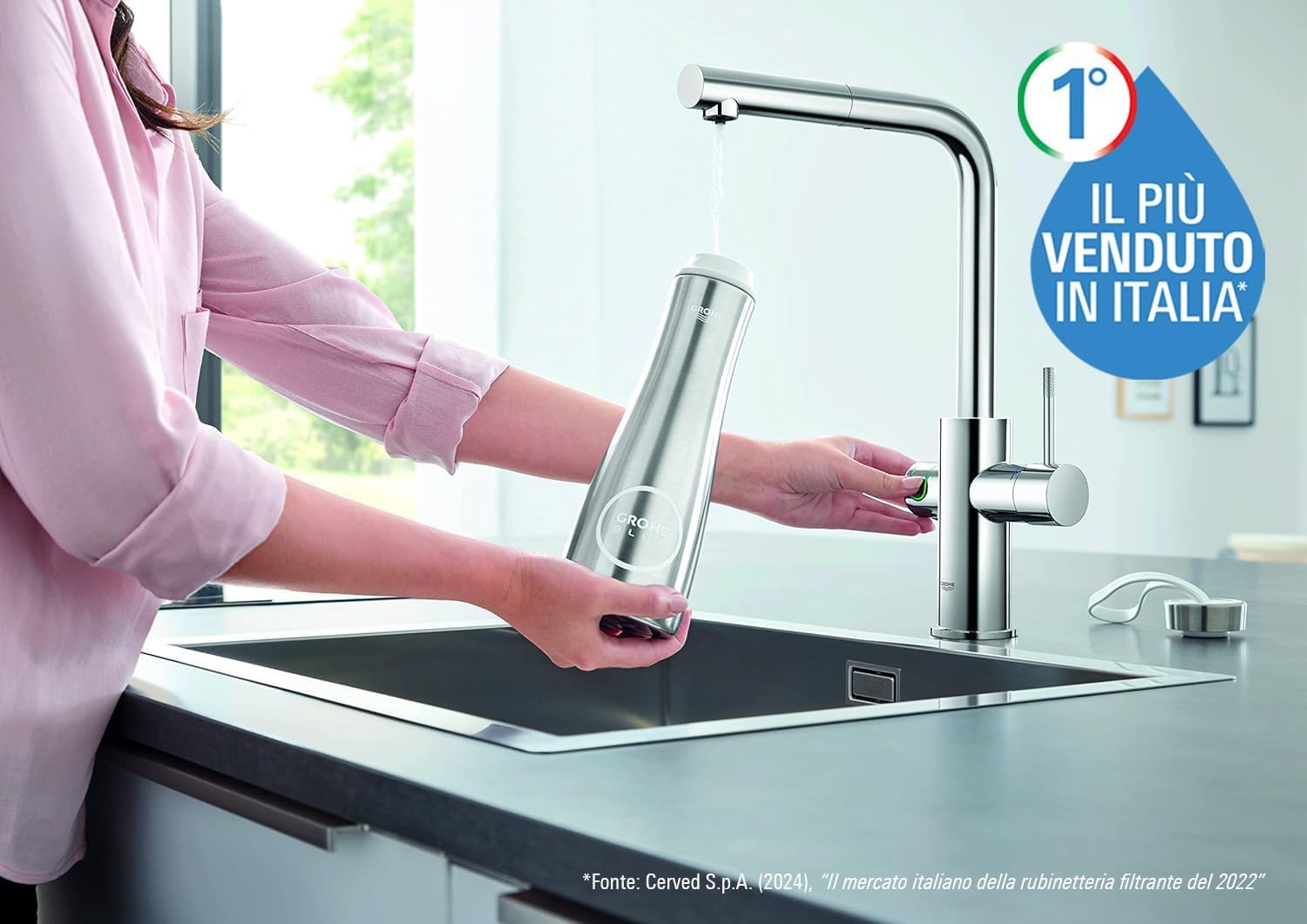 Grohe Blue Home Rubinetto per Lavello Cucina, Bocca a"L", con Doccetta Estraibile, Cromo e Filtro Acqua Incluso, 31539000