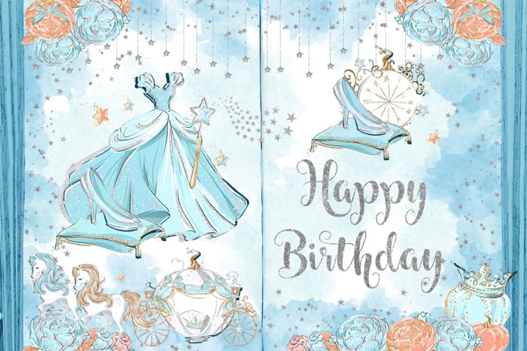 AOFOTO 5x3ft Fairy Tale Books Happy Birthday Backdrop Blue Princess Dress Dancing Shoes Pumpkin Carriage Silver Stars Magic Book Themed Background