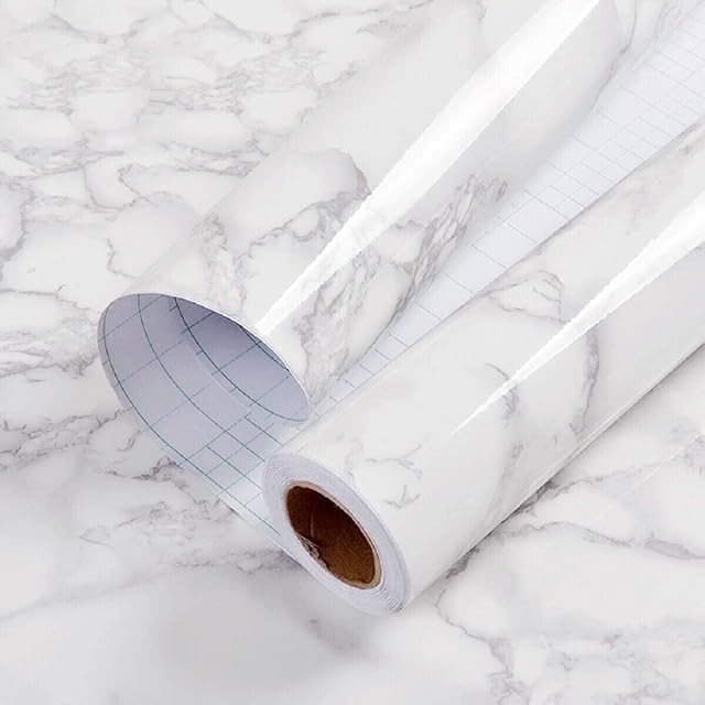 Hode Marble Wallpaper Sticky Back Plastic Roll 60cm×5m Self Adhesive White Grey Granite Contact Paper Waterproof Thickened Peel and Stick Vinyl Film for Kitchen Countertop Furniture Door Table DIY