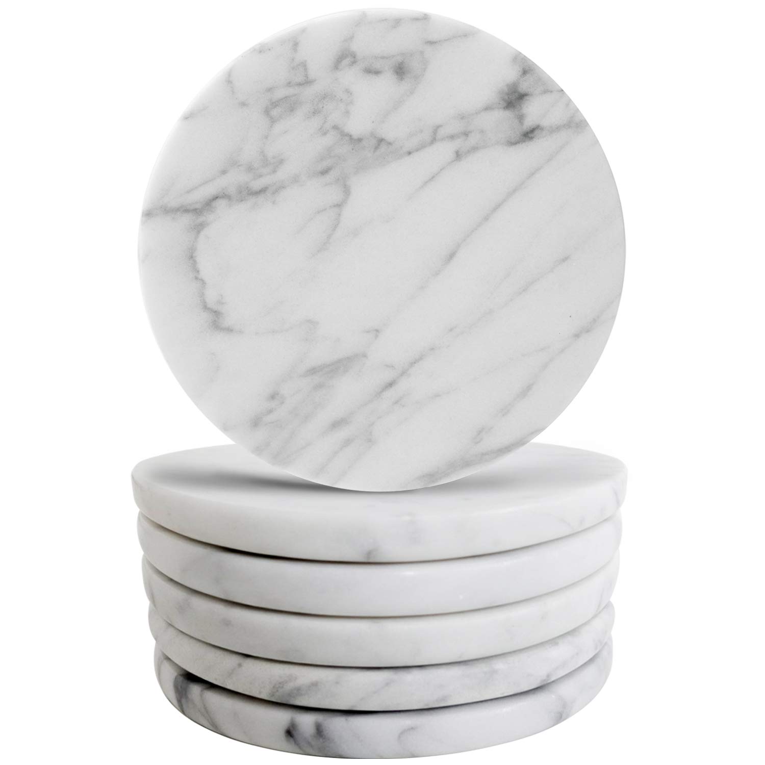 YISK Store Set of 6 Natural Marble Coasters for Drinks, Perfect Housewarming Gift, Wedding Gift, or for Your Kitchen, Living Room, & Coffee Table Decor-White