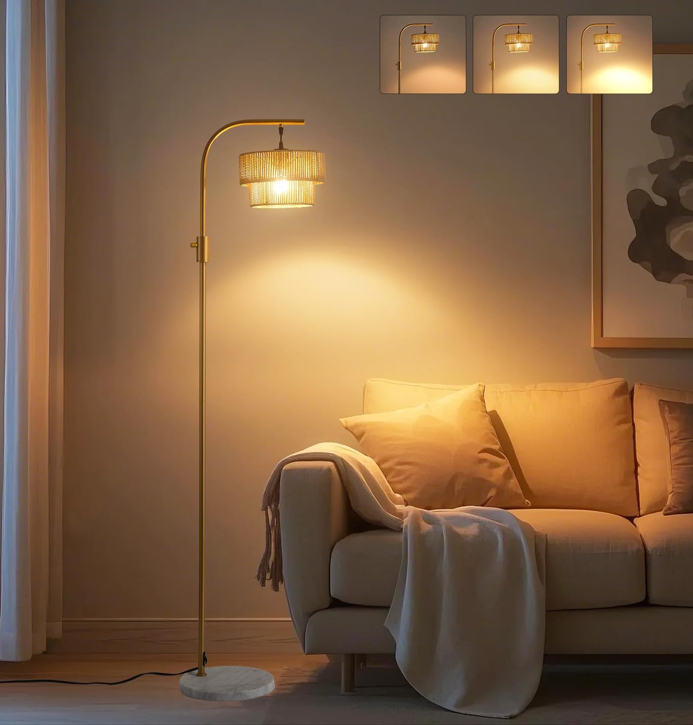 Fiqevs Rattan Arc Floor Lamp for Living Room, Boho Farmhouse Floor Lamps Dimmable with Elegant Wicker Shade, Marble Base and LED Bulb, Modern Gold Standing Lamp for Bedroom Kids Room Office