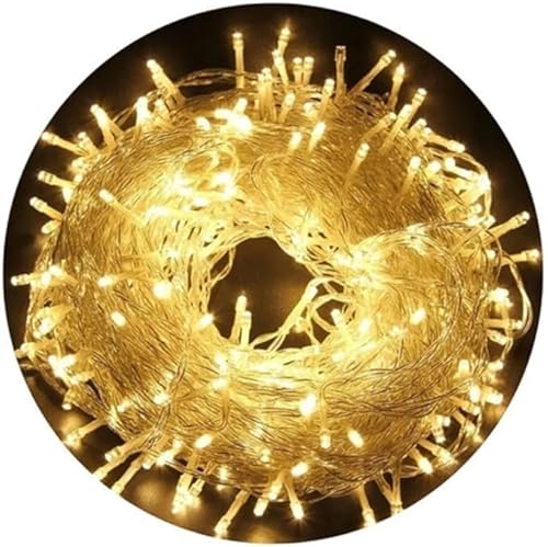 Cordão de Pisca-Pisca Natal 100 Leds - 10m Fio Transparente 110v com 8 Funções em Branco Quente para