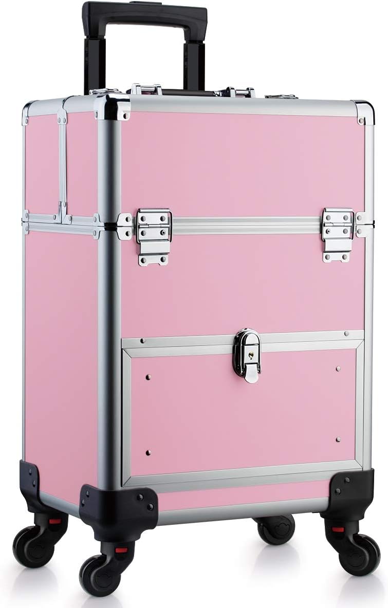 OUDMAYProfessional Cosmetic Train Case Aluminum Portable Makeup Storage Case Box with Folding Trays and Universal Wheels(13.38"×9.45"×18.5" Pink)