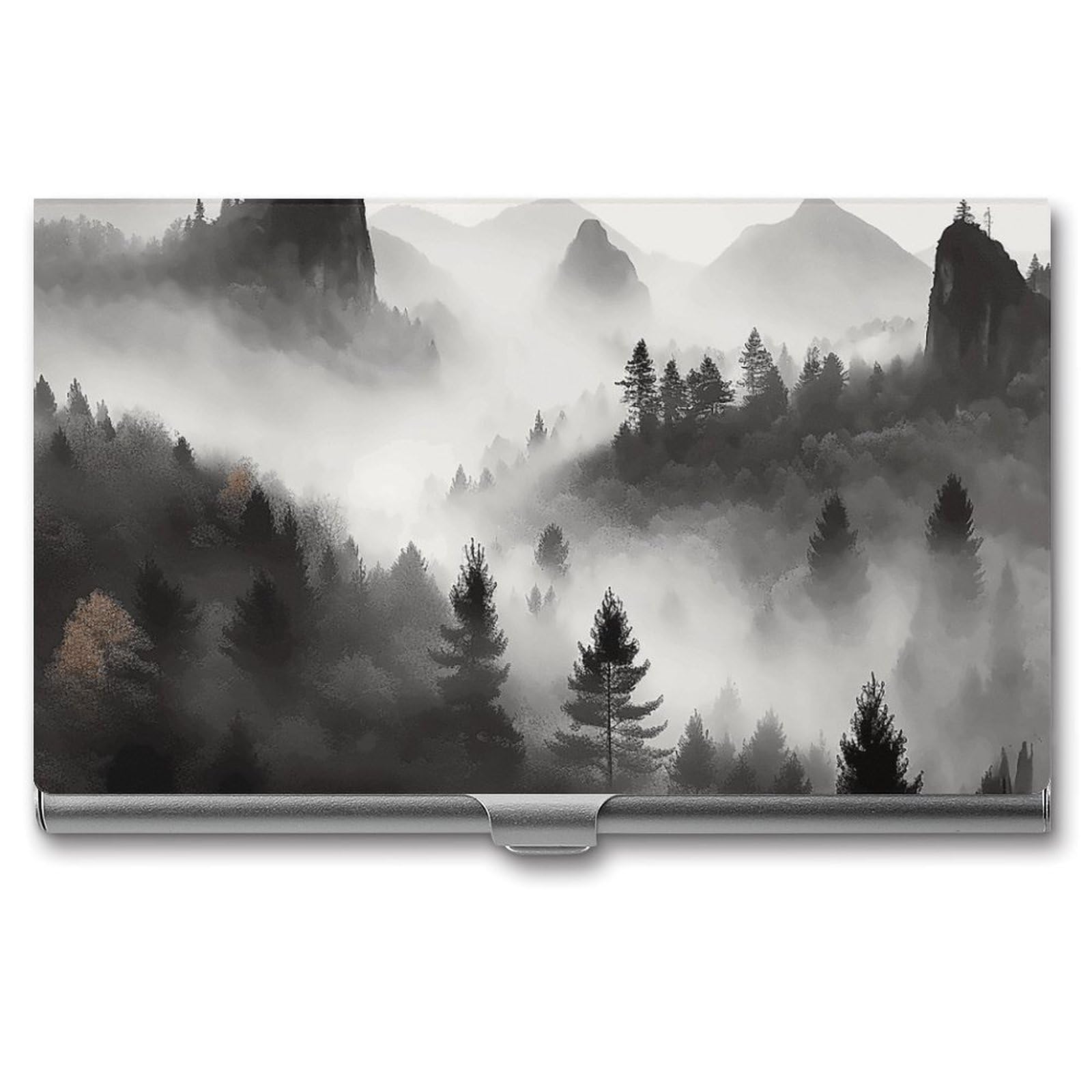 DWVTSLH Foggy Mountains Forest Business Card Holder, Slim Portable Metal Business Card Case Pocket Wallet Professional Name Cards Holder for 22-30 Cards, Credit Card ID Case/Holder for Men Women