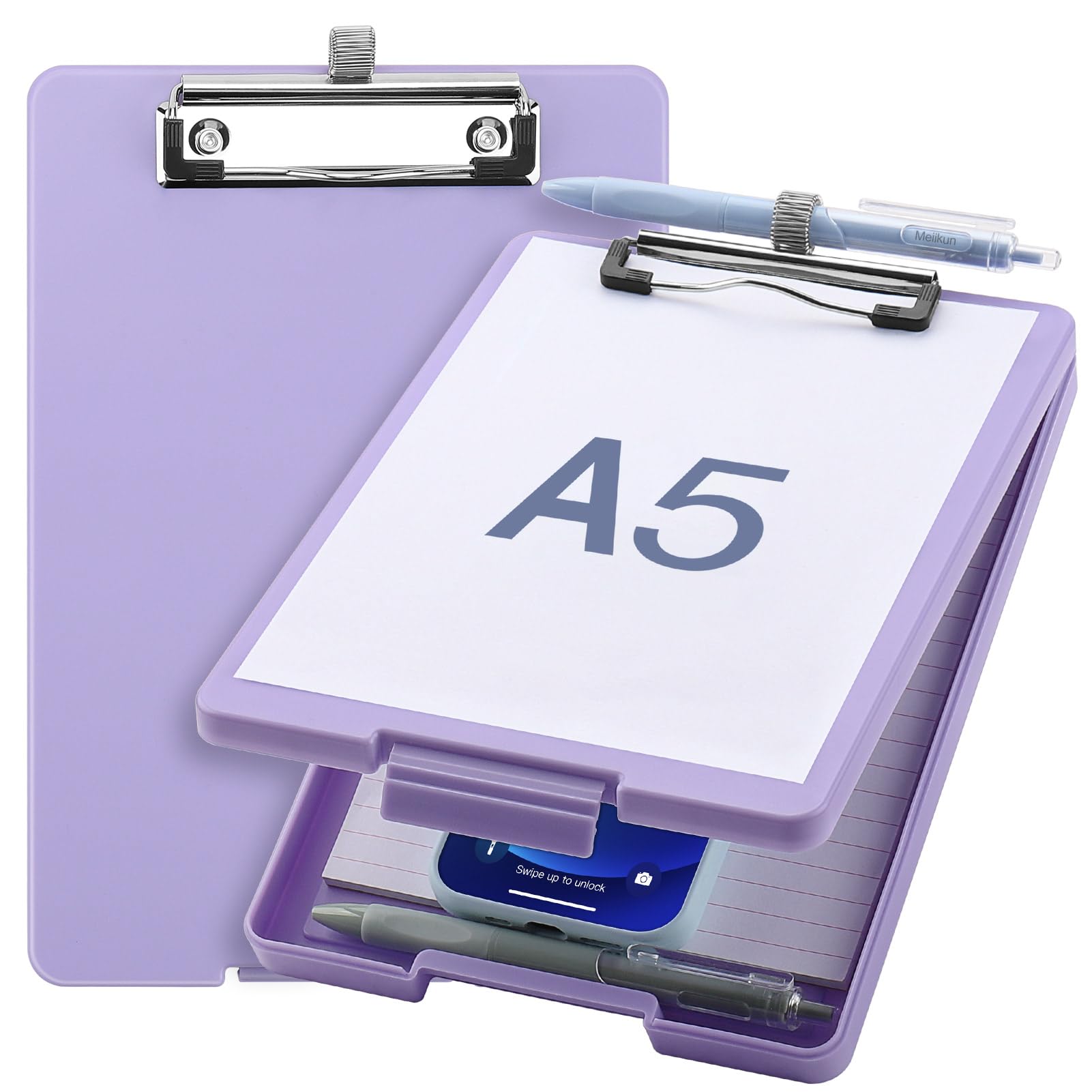 Small Clipboard with Storage, A5 Clipboards with Pen Holder, Half Letter Clip Boards 6x9 Mini Plastic Clipboard with Low Profile Clip for Classroom, School, Office Supplies (Light Purple)