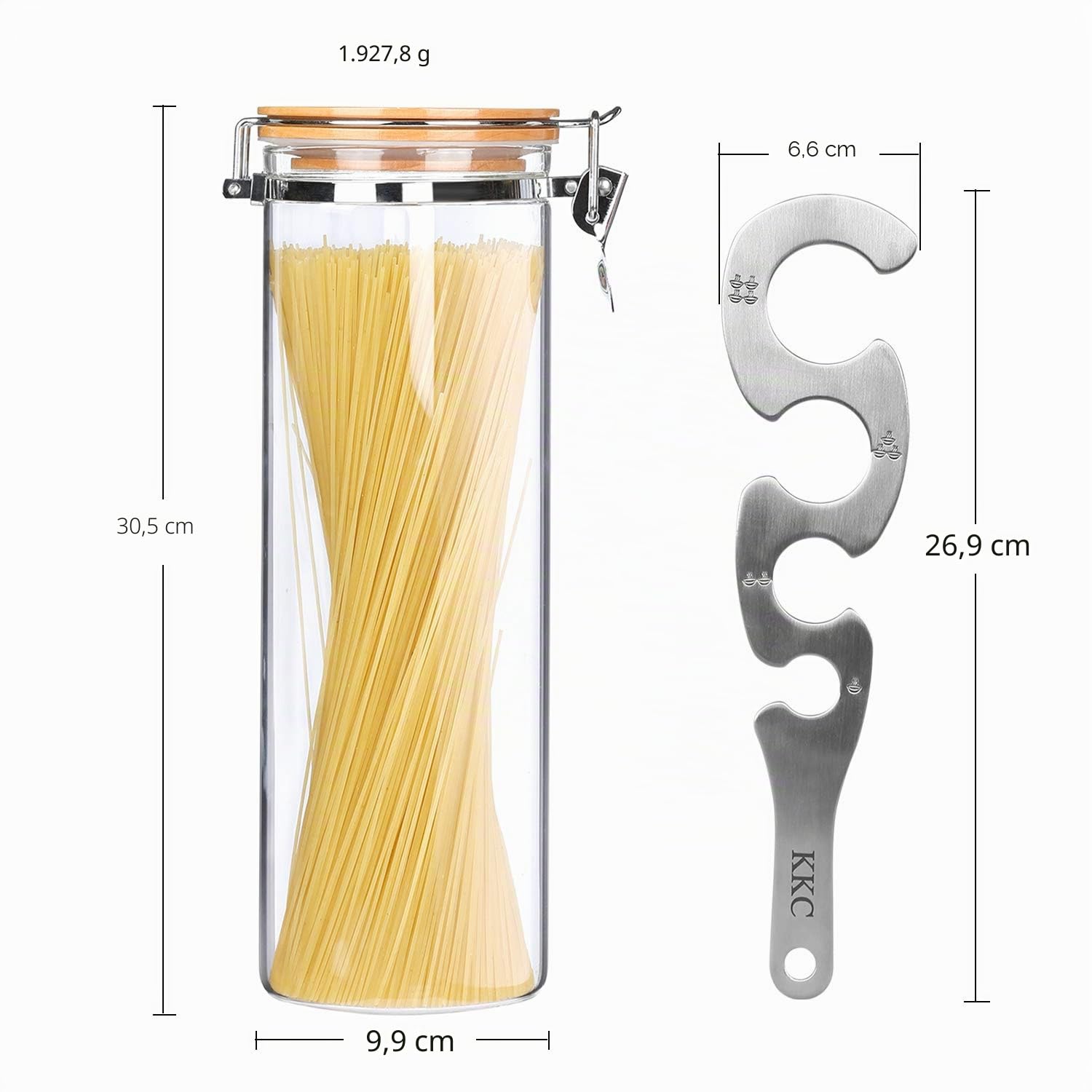 KKC HOME ACCENTS Nudelaufbewahrungsbehälter aus Glas mit Messwerkzeug, Spaghetti-Aufbewahrungsdose, Nudeln, Spaghetti-Halter, hoher Glasbehälter, Bambusdeckel, 68 ml