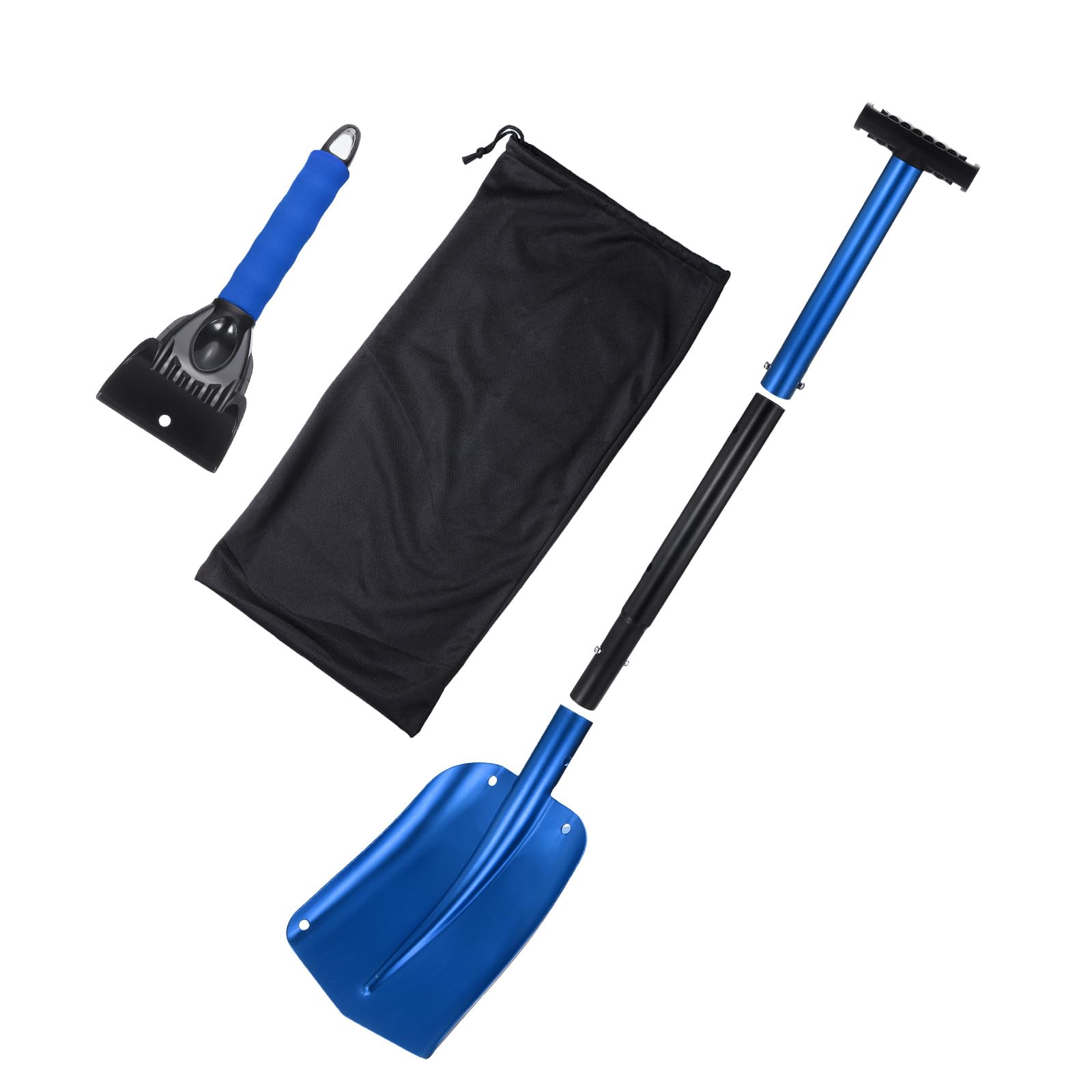 QUARKZMAN Pala Da Neve 3 In 1 In Alluminio Raschietto Per Ghiaccio Kit Di Rimozione Neve Di Emergenza Con Sacchetto Per Auto Campeggio Giardinaggio Blu