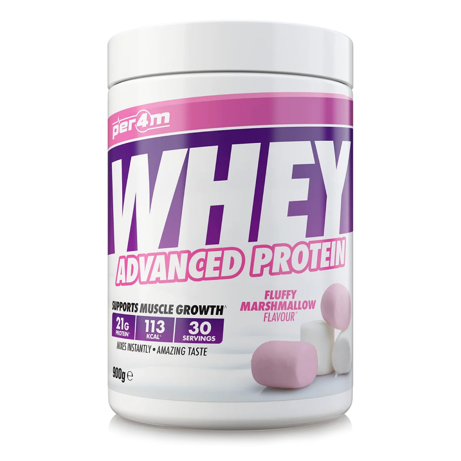 Per4m Whey Protein Powder | High Protein Shake for Muscle Growth & Recovery | Low Sugar Gym Supplement | Sports Nutrition Drink + Amino Acids (900g, Fluffy Marshmallow)