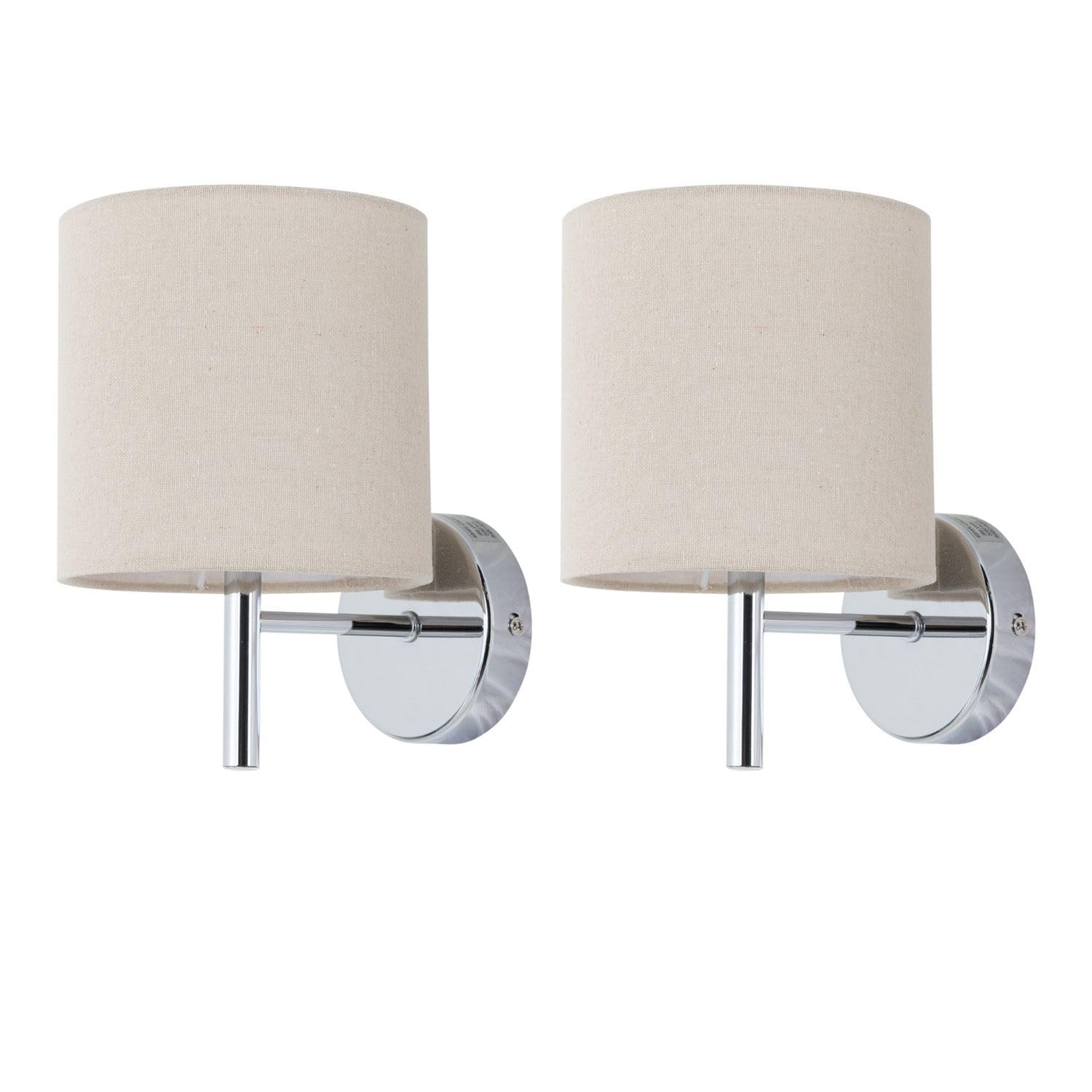 Firstchoicelighting Chrome & Natural Set Of 2 Brea Chrome Wall Lights With Natural Linen Shade, Modern Wall Sconce, Led Compatible, Mains Hard Wired