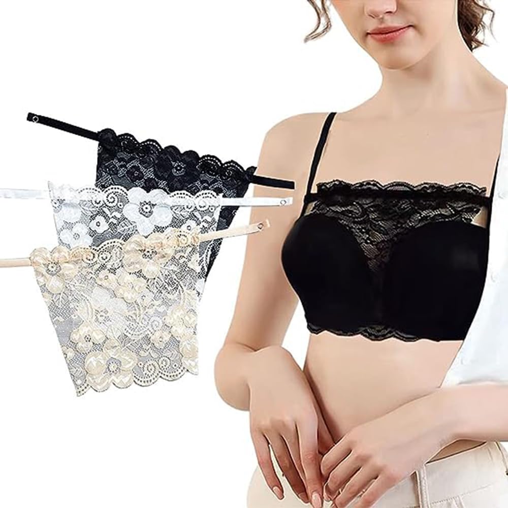 X springXspring Lace Privacy Invisible Bra 3 Pcs Clip On Cleavage Cover Women's Floral Lace Strapless Bras No Sponge Pad No Underwire Insert Overlay Modesty Panel Vest Black White Flesh, One Size
