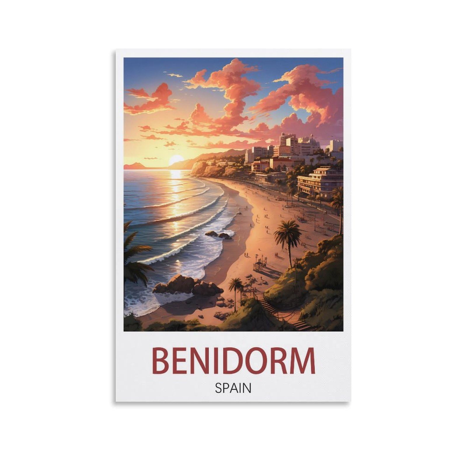 Benidorm Spain Vintage Travel Poster Sunset 08x12inch(20x30cm) Canvas Wall Art Posters for Living Room Decor Paintings for Home Decor