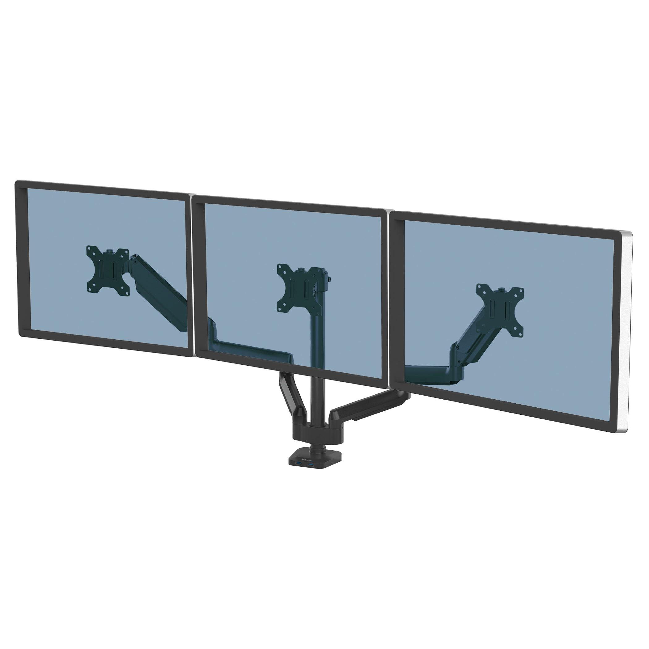 Fellowes Monitor Halterung für 3 Monitore bis je 27 Zoll (68,5 cm) - Platinum Series Monitor Arm mit Gasfeder, USB Ports - Befestigung mit Klemme oder Kabeldurchlass - schwarz