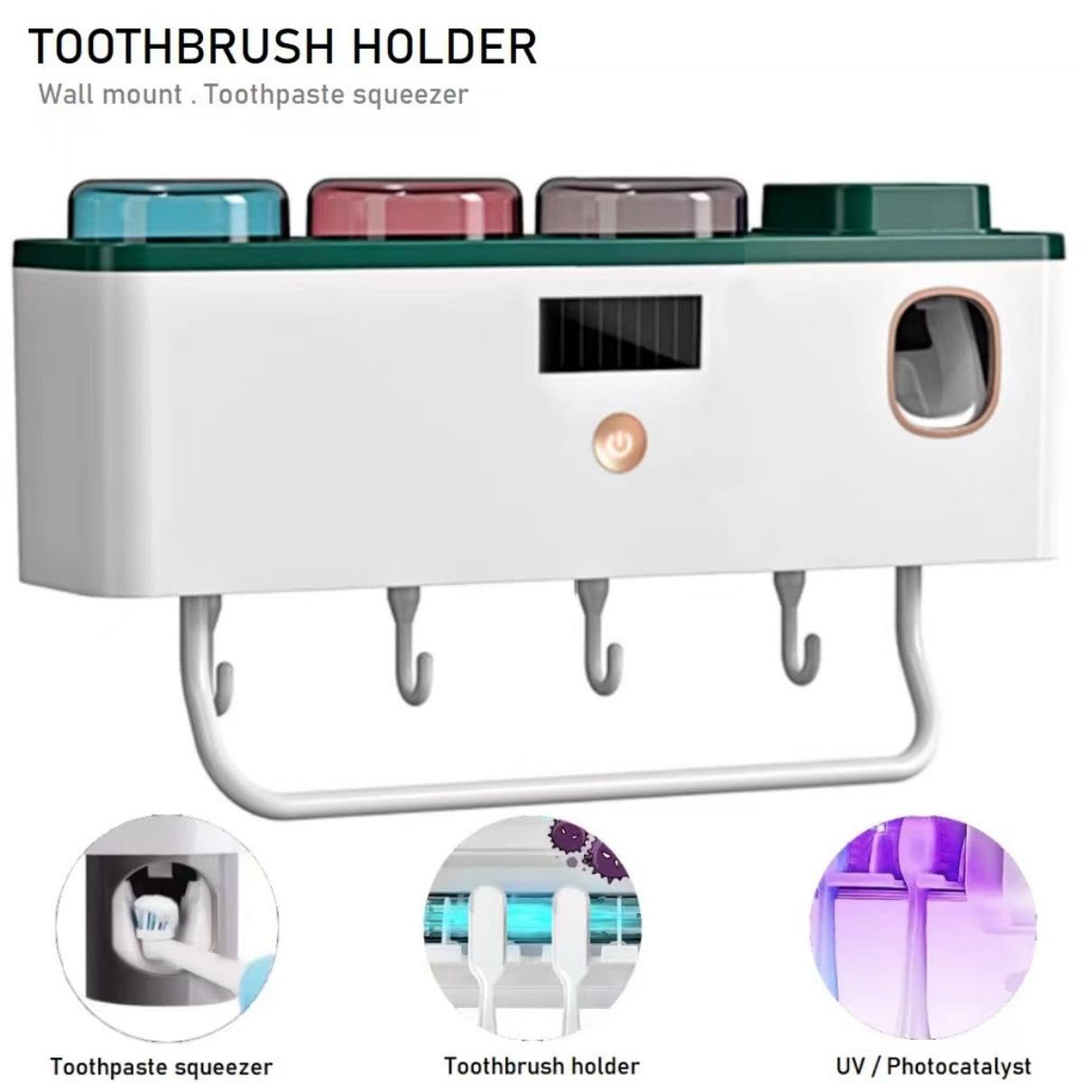 LANMOU Porta Cepillo de Dientes Pared, Dispensador Pasta Dientes Desinfectante para Cepillos de Dientes con UV Soporte para Cepillo Dientes Dispensador Automático Pasta de Dientes con Gancho y Tazas