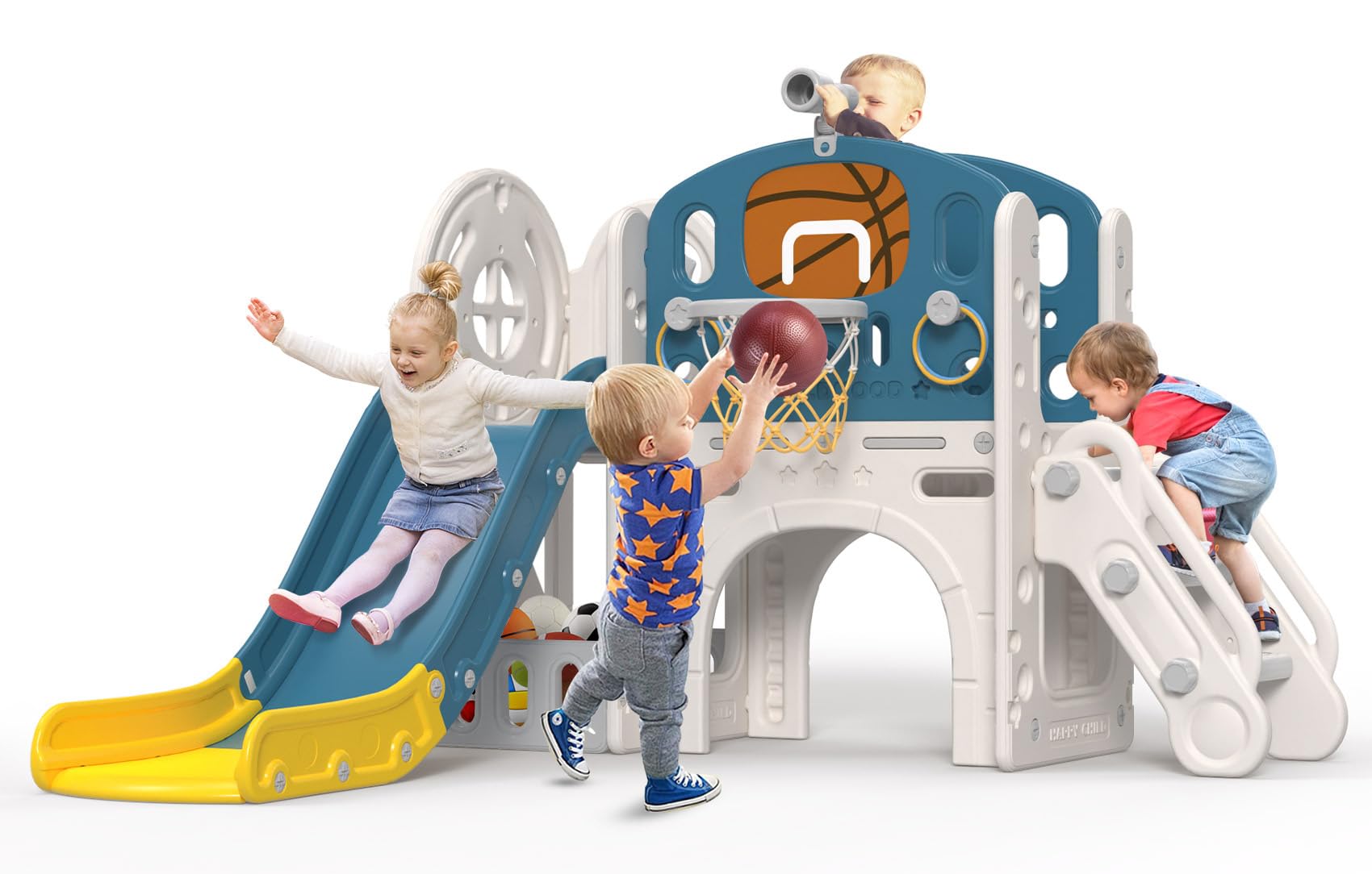 BIERUM 9 in 1 Toddler Slide, Kid Slide for Toddlers Age 1-3 with Ring Toss, Basketball Hoop, and Telescope, Indoor Outdoor Playset Playground Blue Yellow