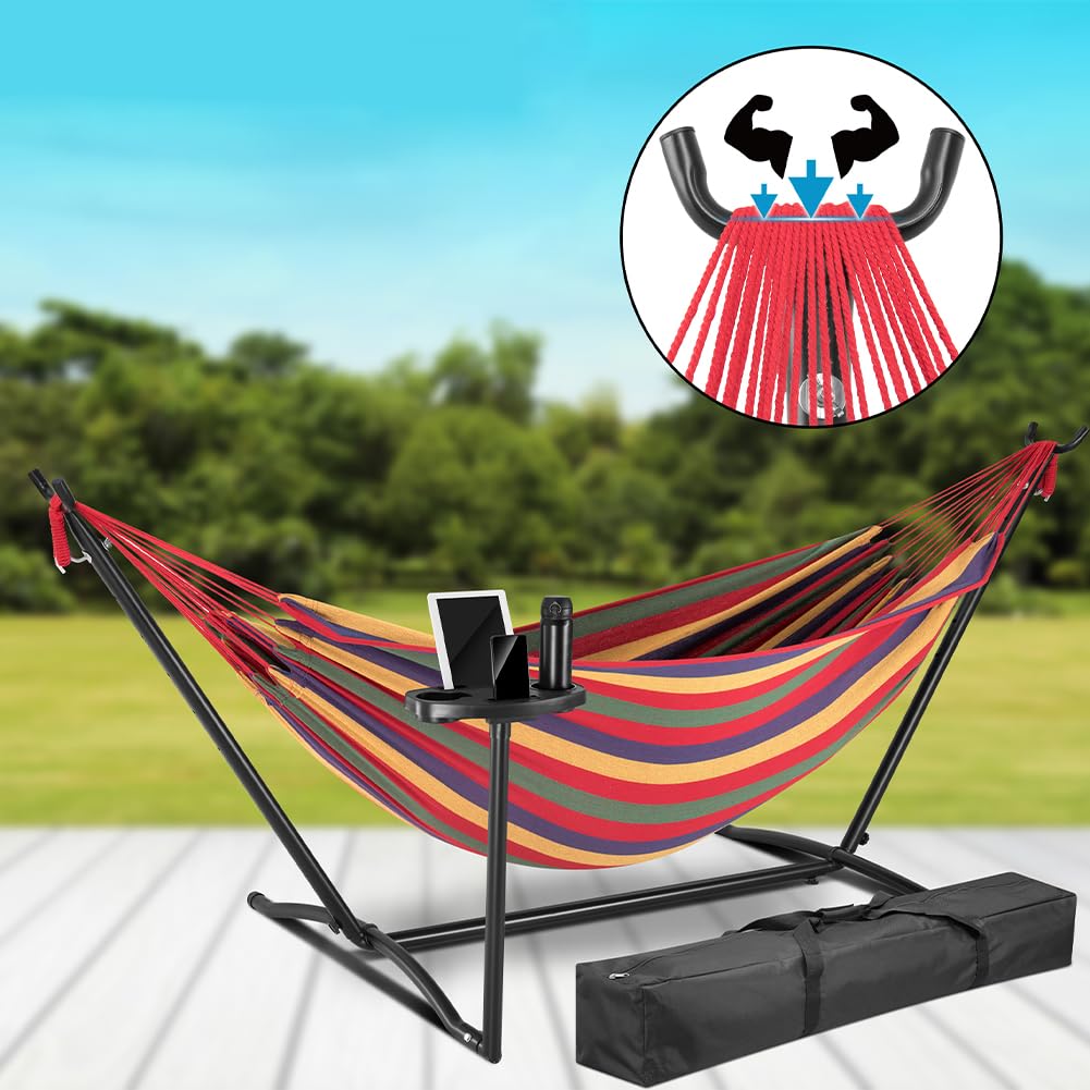 BAKAJI Amaca da Giardino a Brasiliana con Supporto in Acciaio e Stand Portabicchieri, Portatelefono e Tablet con Borsa da Portata Salvaspazio, Capacità Carico 200kg, Ideale per Esterni e Interni