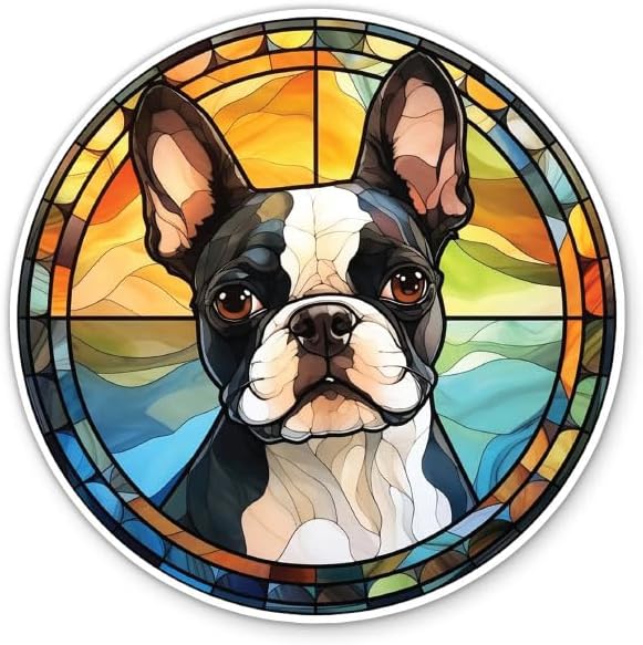 Acrylglas - Zwart Met Witte Boston Terriër Hond Voor Gele Bloemenstruik 80x80 Cm Foto Op Acrylglas