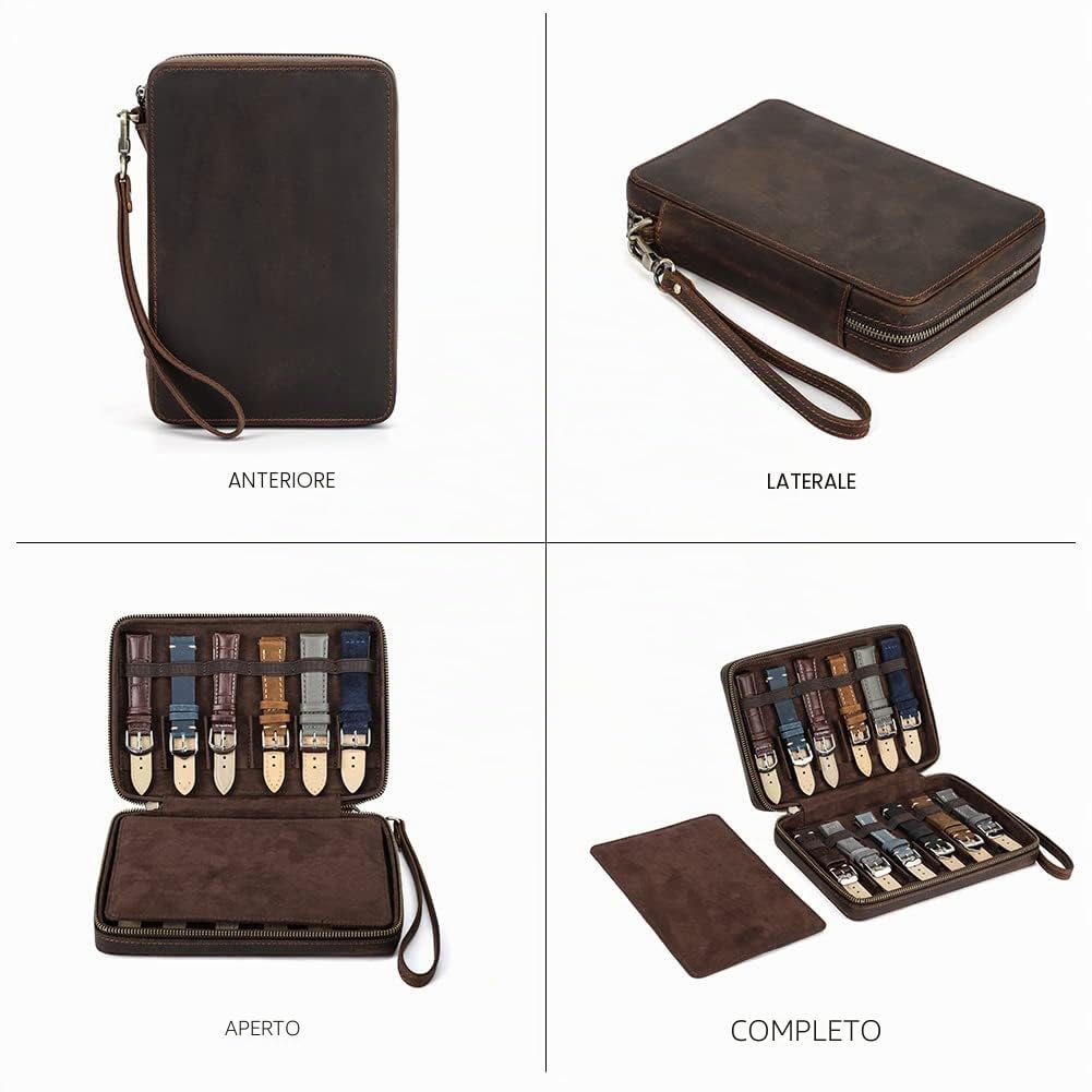 Contacts Custodia in vera pelle con cerniera per 12 cinturini per orologi, da viaggio, compatibile con tutte le serie di cinturini e accessori Apple Watch