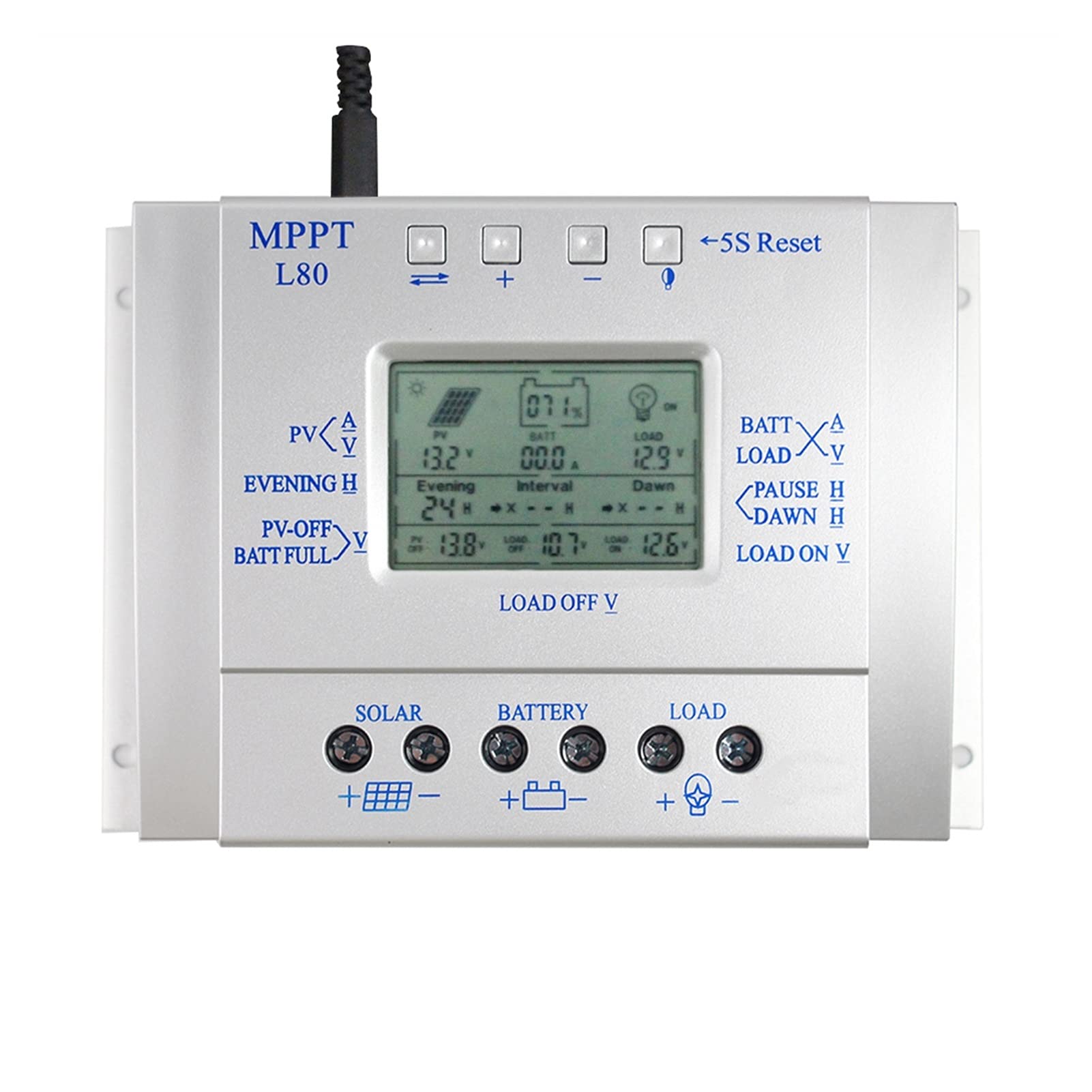 Controlador de carga solar, 8 0A MPPT Controlador de carga solar 1 2V 24V Regulador 80A for una entrada máxima 48V con control luz y temporizador USB