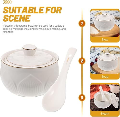 Miniatura 9 de UPKOCH Olla pequeña de cerámica con tapa, cuchara, tazón de sopa de vapor, taza para cocinar al vapor para el hogar, cocina, huevo, natillas
