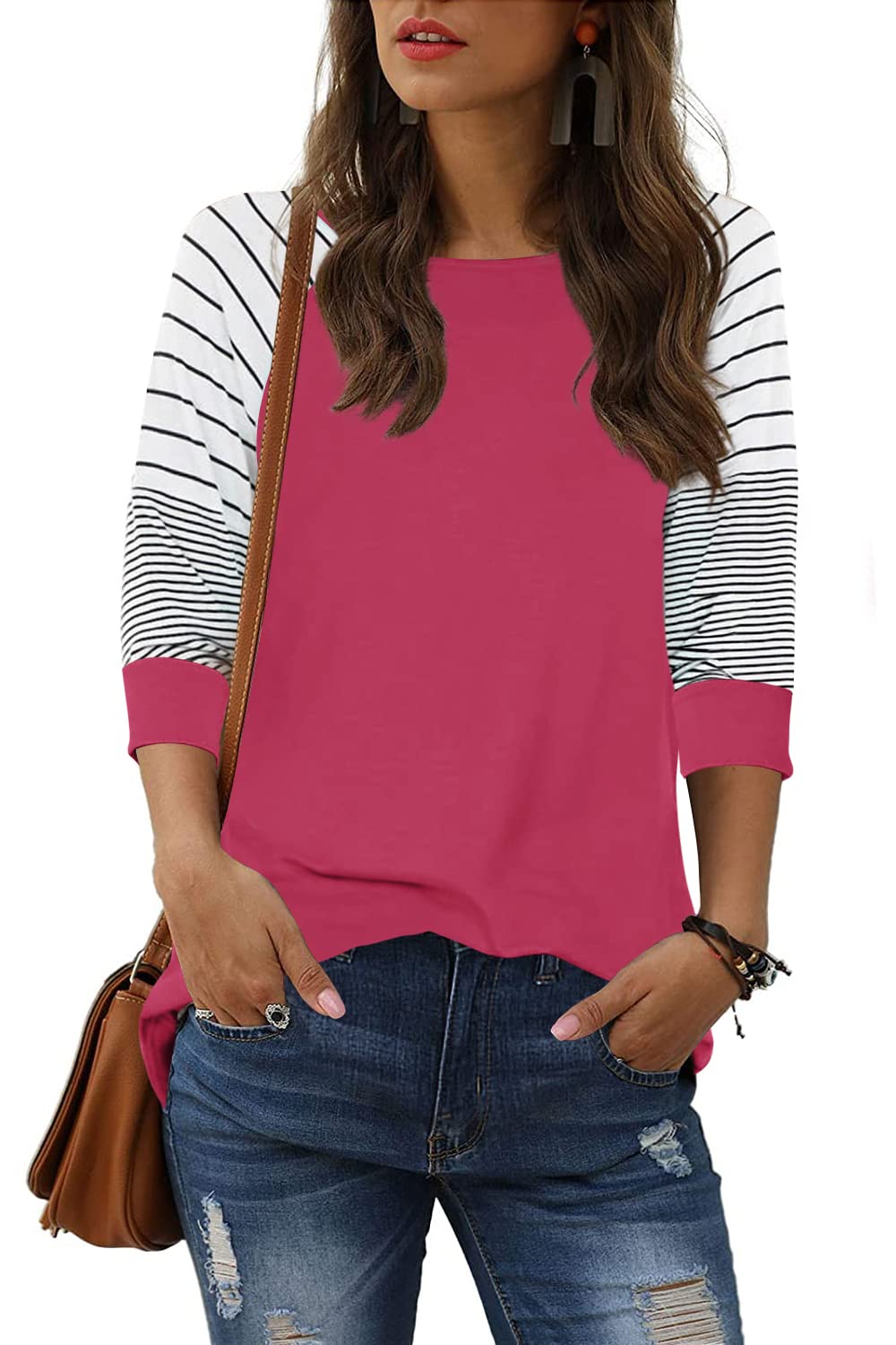 ReachMe Women's Casual 3/4 Sleeve T Shirts Crewneck Striped Raglan Sleeve Tee Shirts Loose Fit Blouses