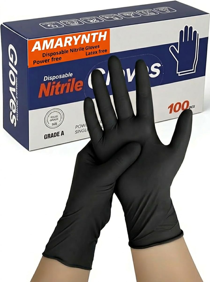 Amarynth 4mil Black Nitrile Gloves Medium– Disposable, Powder-Free, Latex-Free, Chemical Resistant for Medical, Cooking & Cleaning