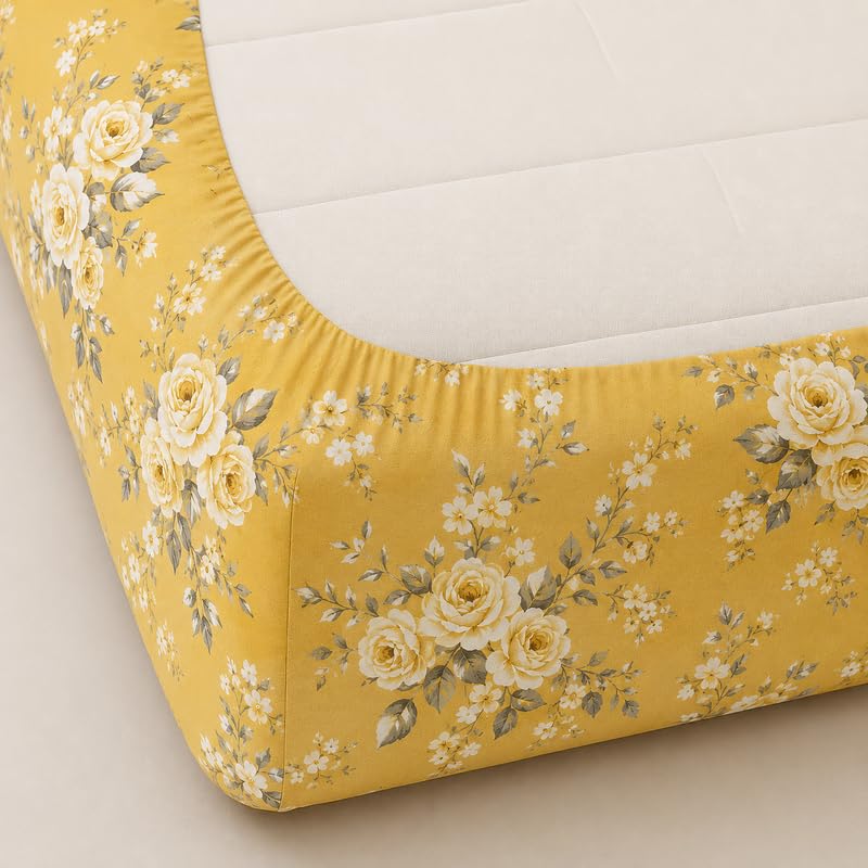 Image of Fitted Sheet Yellow Golden Floral Print Fitted Bedsheet | Glace Cotton 140 TC | Double Size (48x75 inch) with 2 Pillow Covers (18x28 inch) | Deep Pocket up to 10 Inches - Soft & Comfortable