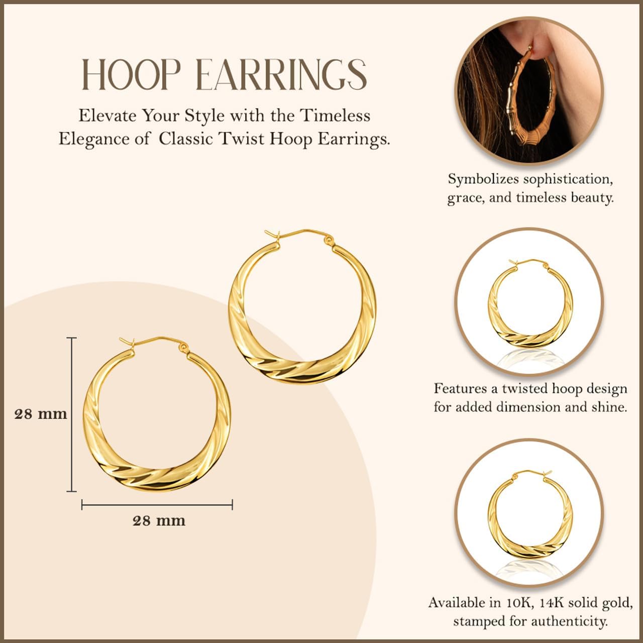 Gold Classic Twisted Hoop Earrings for Women | 10K or 14K Yellow Gold - Image 3