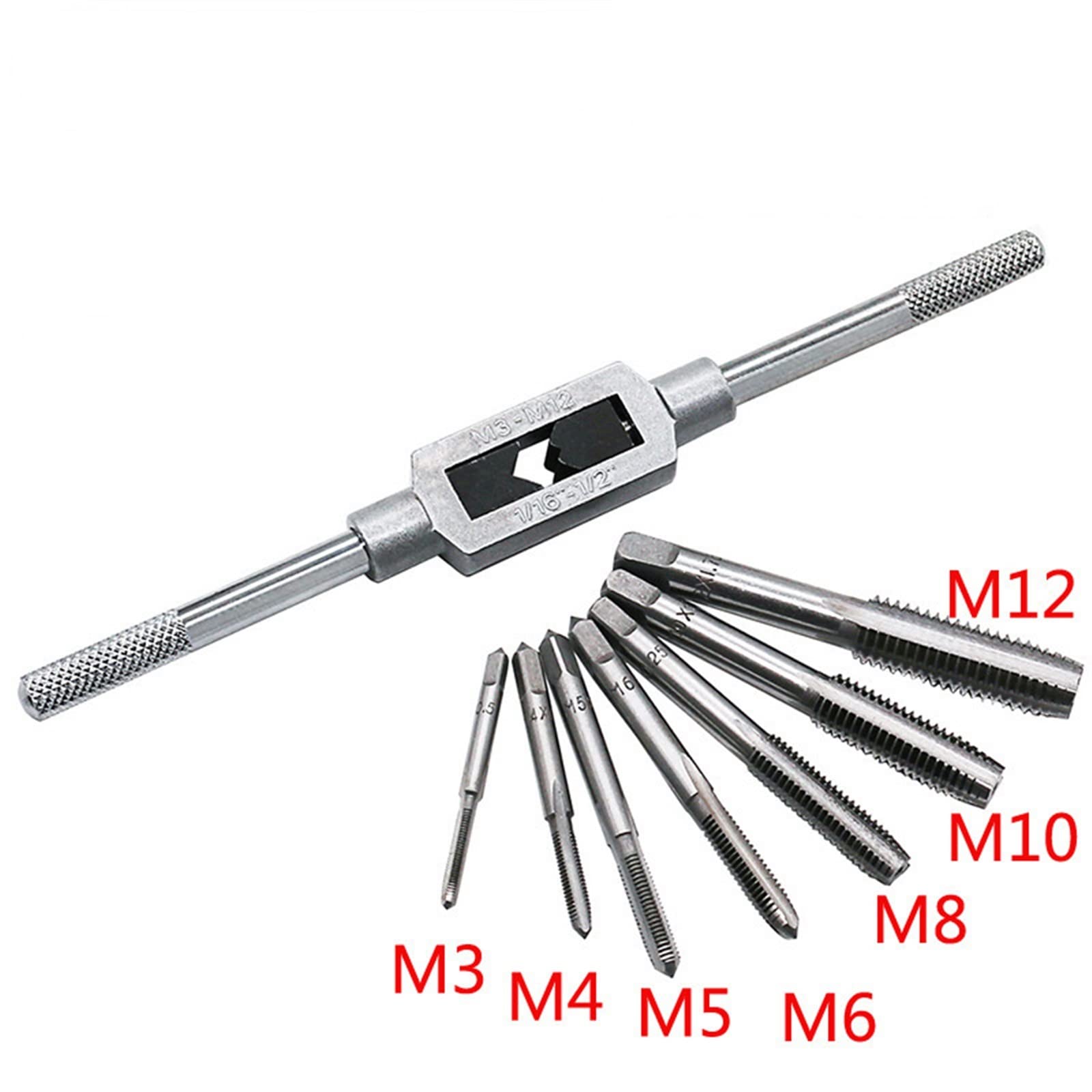 Zestaw 6/8 kluczy nasadowych do gwintowników HSS, gwint metryczny M3, M4, M5, M6, M8, M8, M12 z regulowanym kluczem do gwintowników 1/16-1/2 cala MINGPING (kolor: 8 sztuk srebrnych)