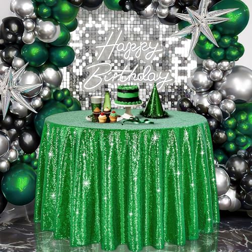 Image of B-COOL Round Tablecloth Sequin Draping Decorations: 132 Inch Tablecloths Sequin Overlay Green Shimmer Fabric for Birthday Dinner Parties Christmas Decor