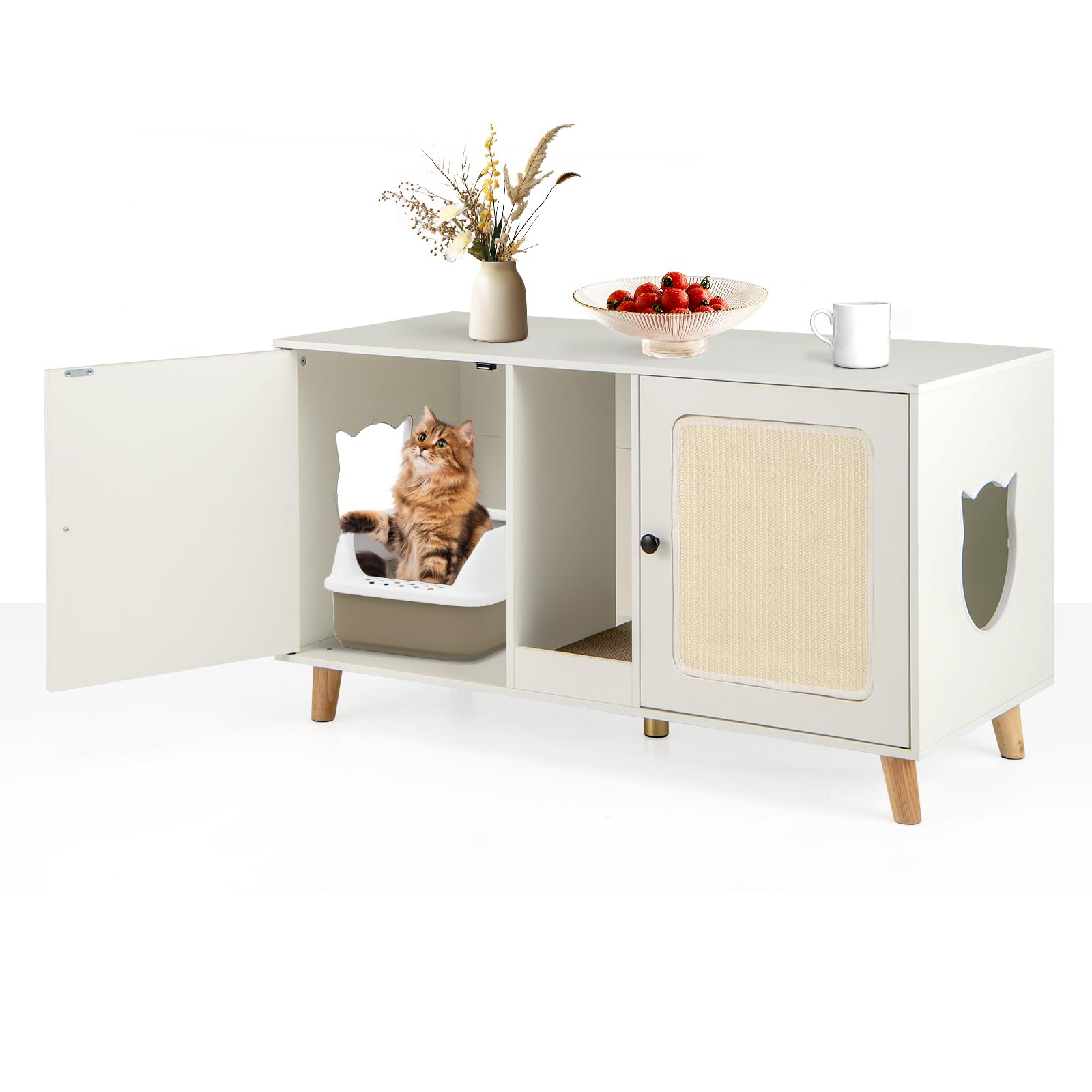 GYMAX Katzenklo Schrank 50 x 108 x 70 cm, Katzenschrank für katzentoilette mit Doppeltür, 2 Seiteneingänge & Sisal Kratzmatten, stabile Katzenhaus mit Katzenkratzbrett (Weiß)