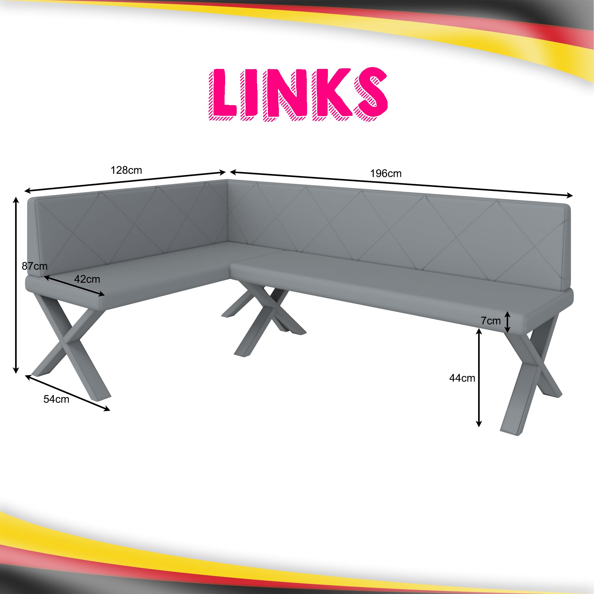 FURNISTAR Eckbank Akiko Metal X - Eckbankgruppe für Ihrem Esszimmer, Küche modern, Sitzecke, Essecke. Perfekt für Küche, Büro und Rezeption. Solide und Starke Verarbeitung. (128x196-Links-Soft18)