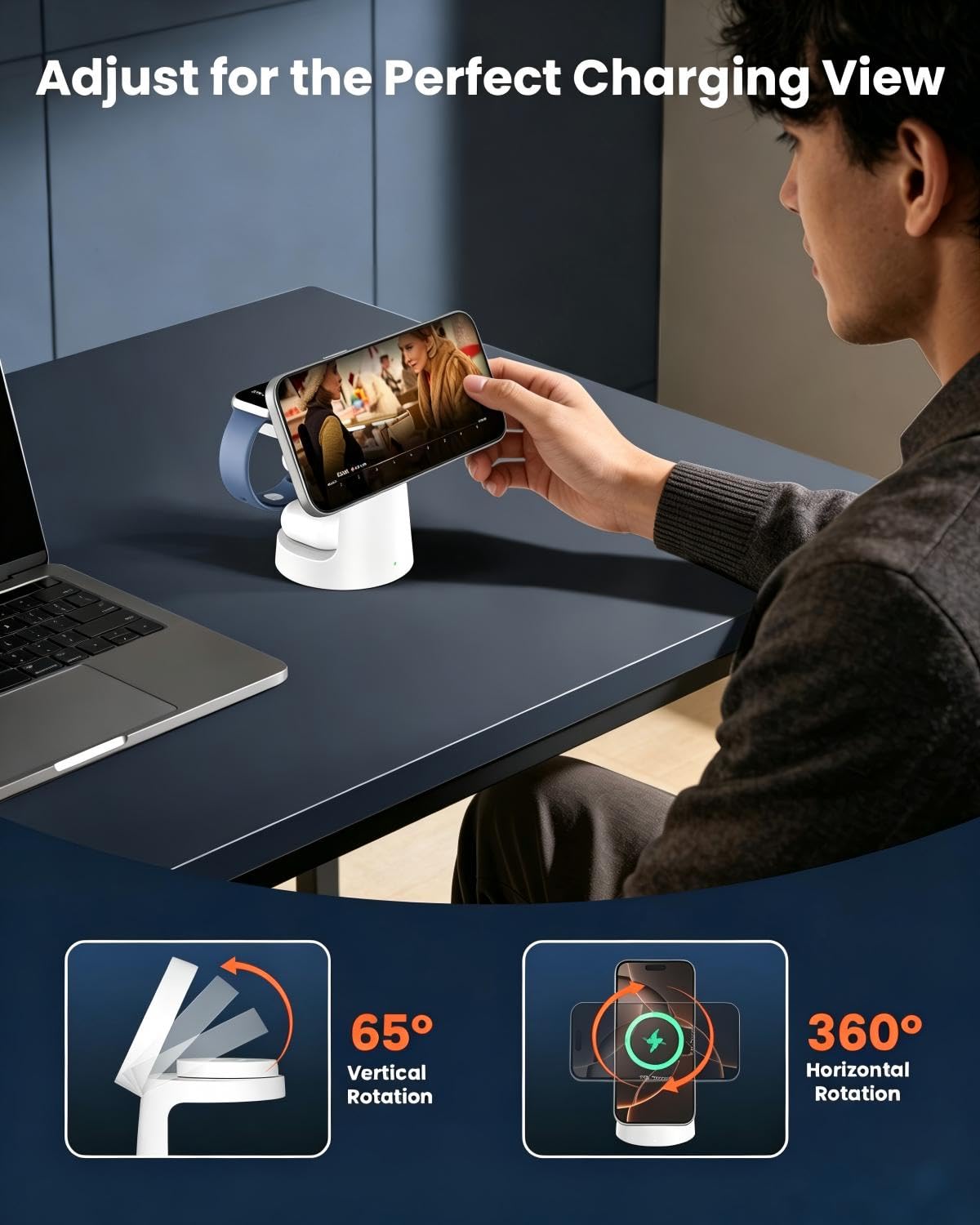 GEEKERA Qi2.2 25W Stazione di Ricarica 3 in 1 con Luci Notturne, Caricabatterie Rapido Pieghevole Magnetico per iPhone Air/17/16/15-12, Apple Watch 2-11, Incluso Adattatore GaN da 45W, Avorio