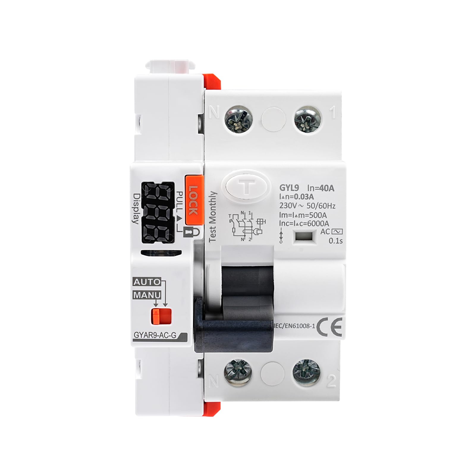 Jadeshay Disjoncteur à réarmement automatique avec affichage LED, Disjoncteur différentiel 30mA 40A 2 Pôles AC230V Disjoncteur intelligent avec affichage numérique GYAR9-AC-G