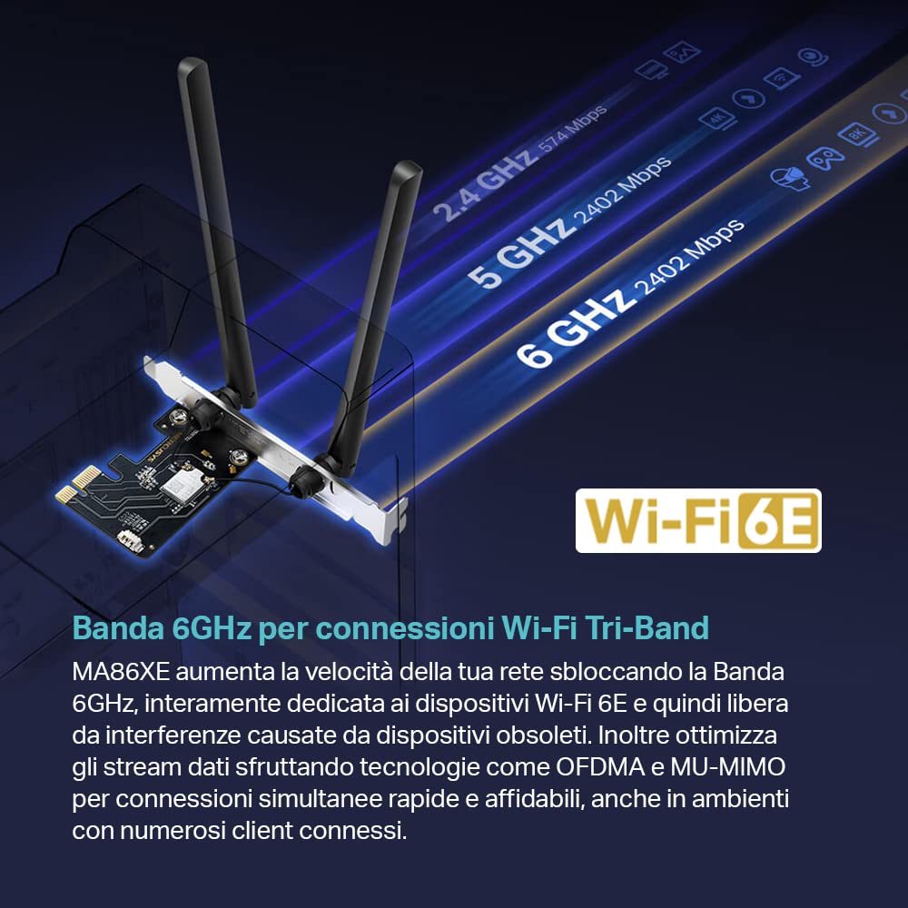 MERCUSYS TP-Link MA86XE PCIe Adattatore AXE5400Mbps Wi-Fi 6E Bluetooth 5.2, Chipset Intel Wi-Fi 6E, WPA3, MU-MIMO, OFDMA, Scheda WiFi PC Fisso, Velocità Tri-Band, Supporta Windows 10, 11