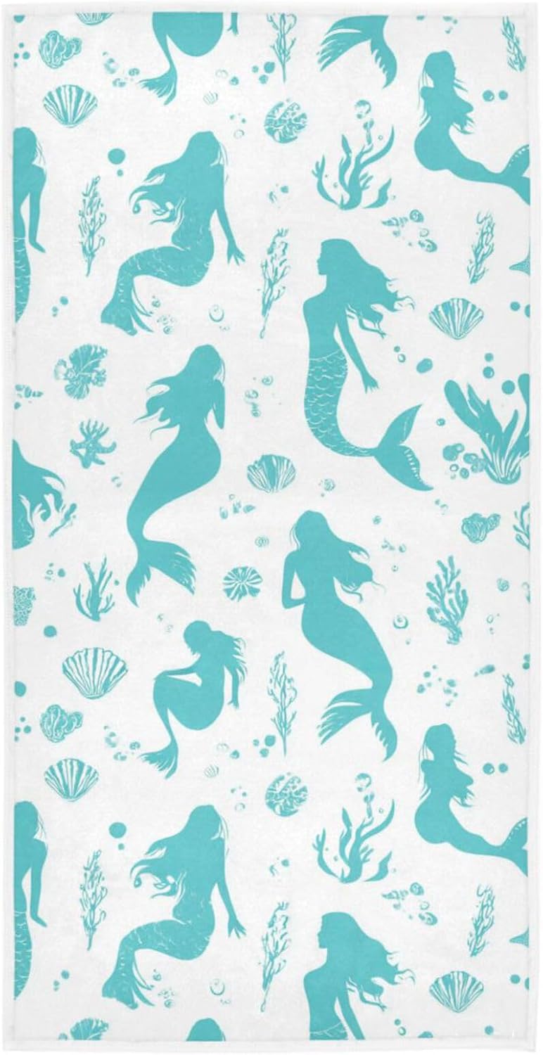 Wfrish Mermaid Fish Seashells Hand Towels Bath Shower Towels Dolphins Teal Bathroom Towels Fingertip Kitchen Dish Guest Towel Highly Absorbent Soft Home for Hand Face Gym Spa 16 X 30 in