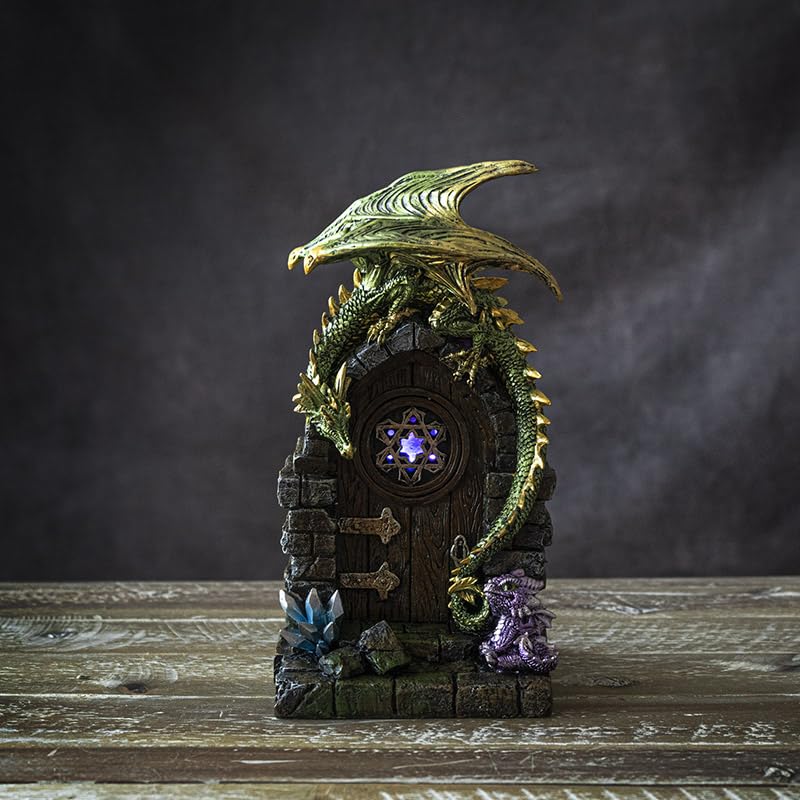 SUMMIT COLLECTION Gifts Green and Gold Fantasy Dragon Guarding The Door with Wyrmling Statue Medieval Castle Decoration Crystal Accents LED Light Polyresin Figurine 10