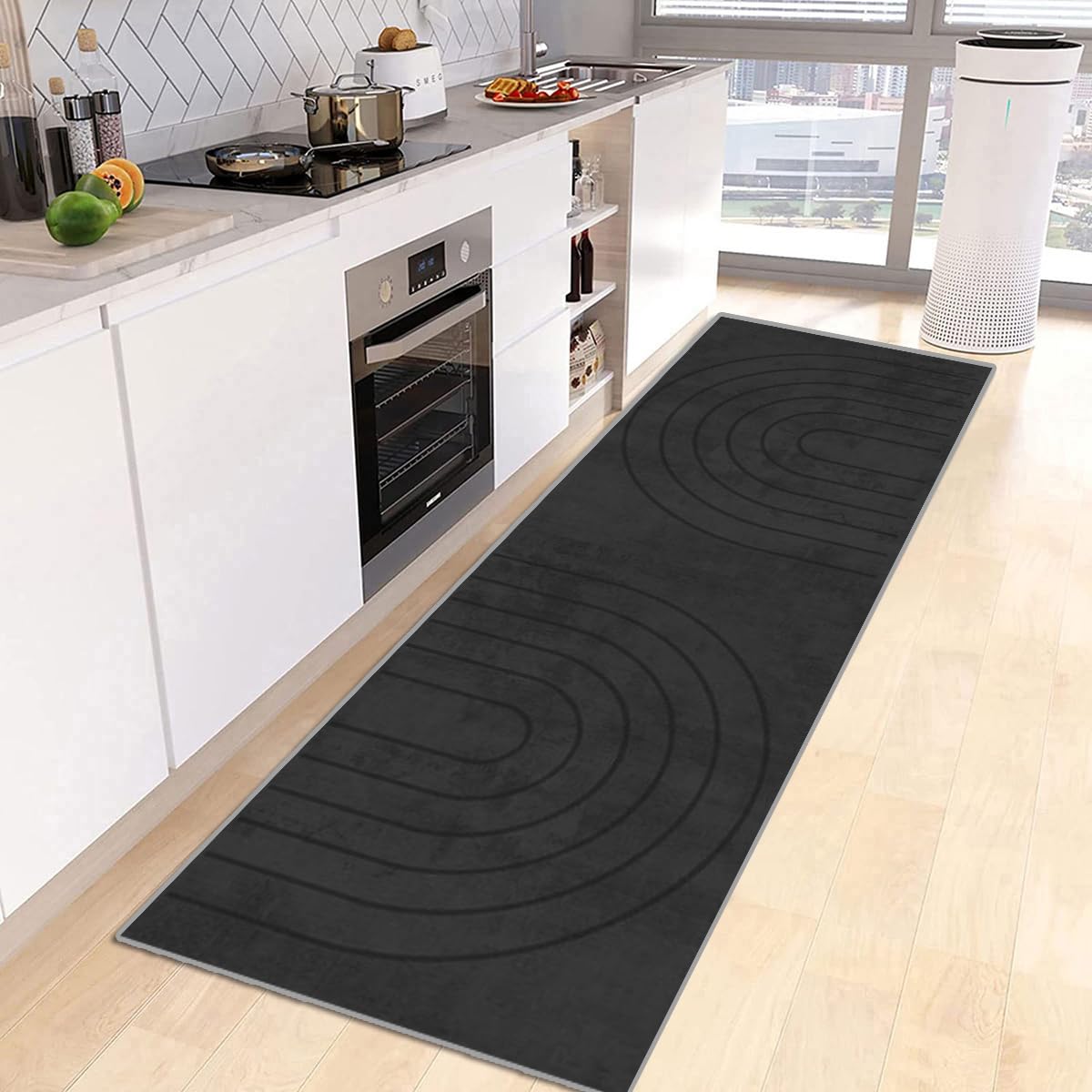 Tapis De Couloir Noir 70x260cm Design Minimaliste Moderne Tapis Couloir Long,Tapis Cuisine Devant Evier Lavable Tapis De Cuisine Long Antidérapant Tapis De Passage pour Chambre Salon