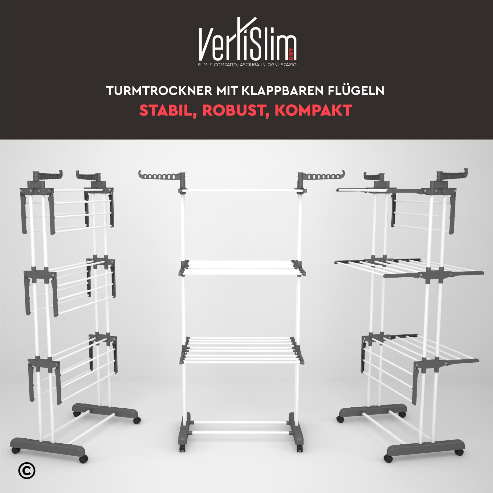 VertiSlim Dry Wäscheständer Klappbar Wäschetrockner Turm Platzsparender mit 4 Ebenen - Turm-Wäscheständer aus Edelstahl - Vertikaler mit Rädern und Seitenflügeln - Farbe Grau für Drinnen Draußen