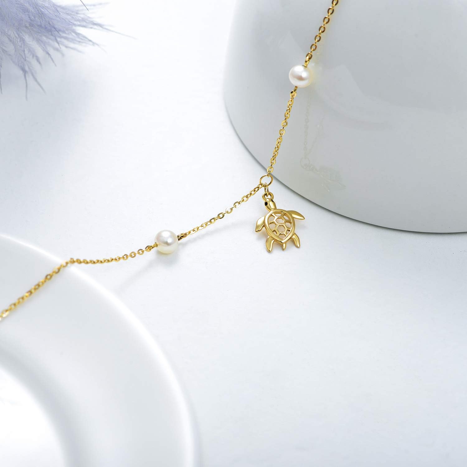 14k Gold Sea Turtle Anklet for Women, Real Gold Ankle Bracelet Jewelry Gifts for Animal Lovers, 8.6+0.8+0.8 Inch