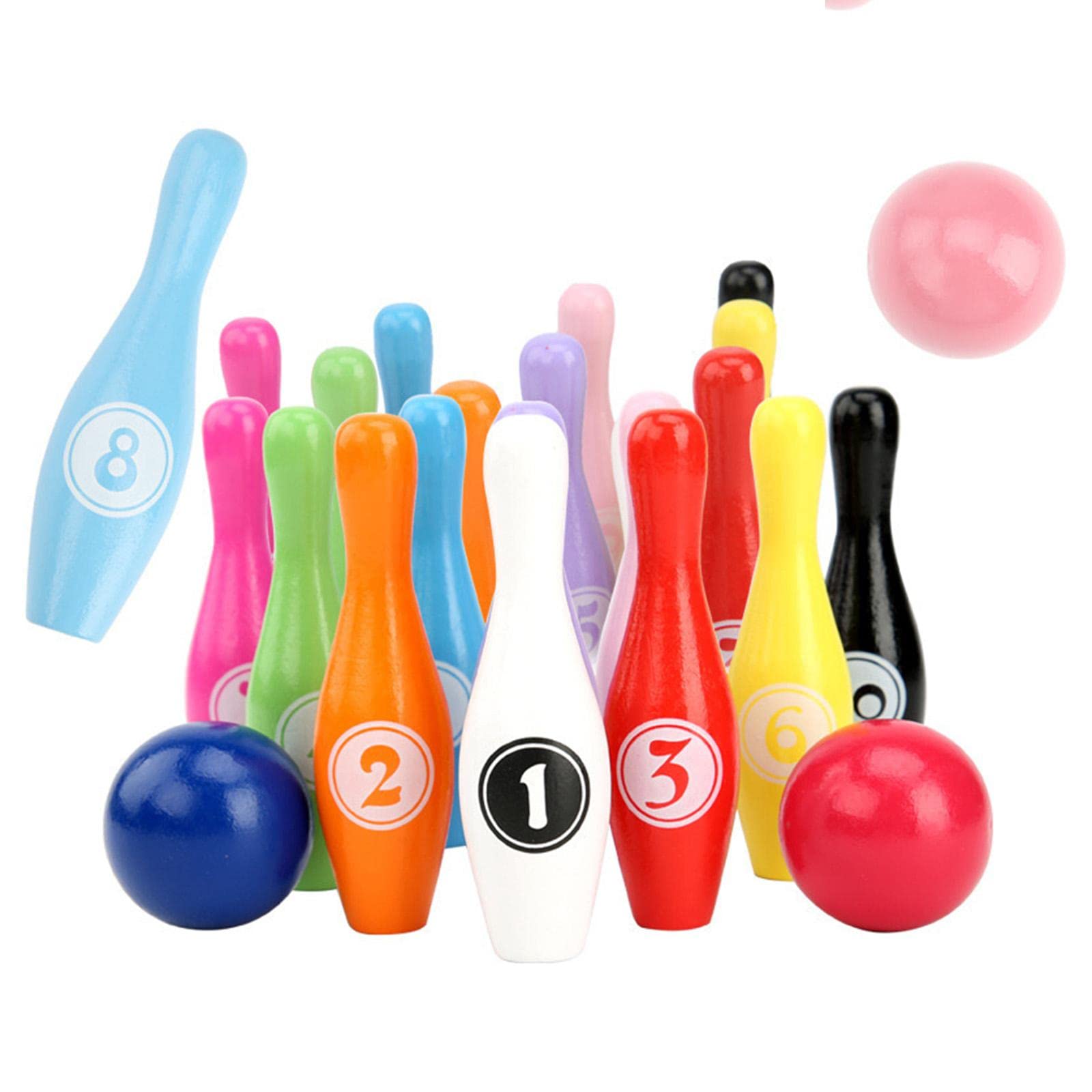 Gralara 12 Stück Bowling Set Kinder Spielzeug Holz Bowling Kegelspiel Pins Bälle Lernspiel Sportspiel für Indoor Outdoor Familienfeier Kita Hof