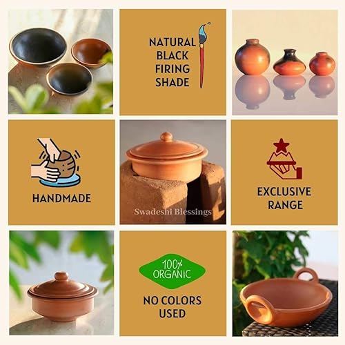 Miniatura 9 de Swadeshi Blessings Olla de arcilla sin glasear exclusiva para cocinar y servir con tapaKadai de tierraMud HandiMitti Ke Bartan (con brillo de